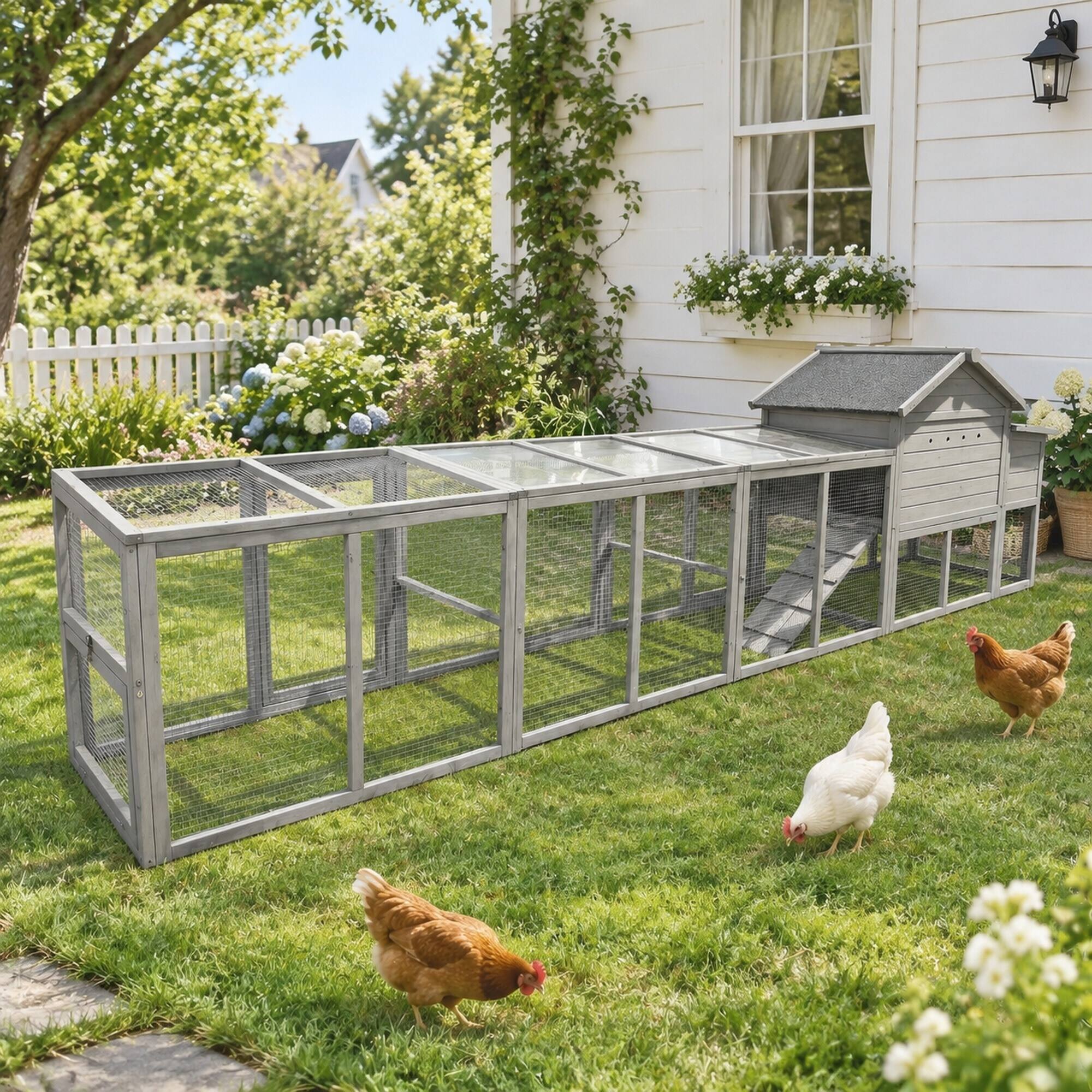 Back. RYHNUYNE - 141 in Wooden Chicken Coop, Outdoor Hen House, Nesting Box, Waterproof Anti-UV Panel, Wire Fence.