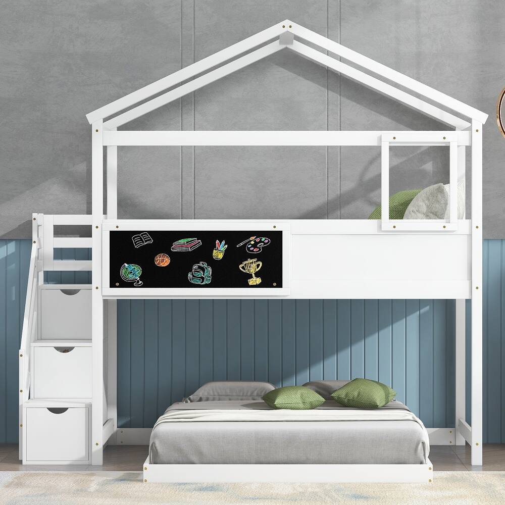 Left. Loheer - Loheer Twin Over Full House Bunk Bed with Storage Staircase and Blackboard White - White.
