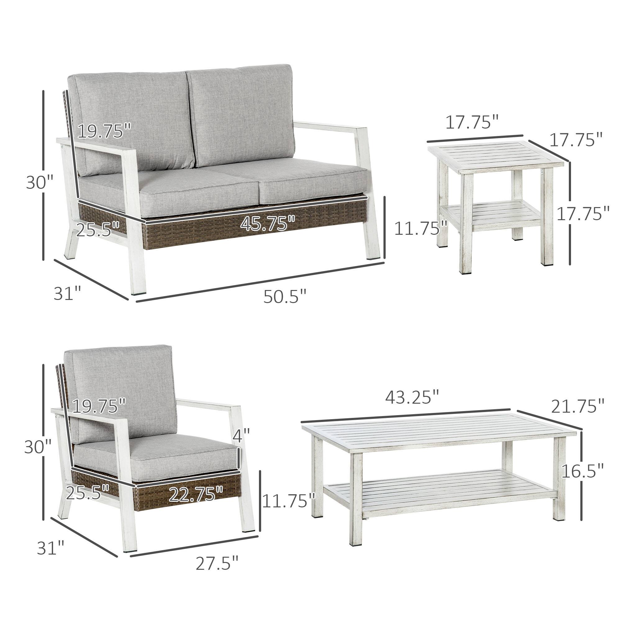 Sure, here is the corrected and grouped text based on the image:

**Couch:**
- Height: 30"
- Depth: 25.5"
- Width: 50.5"
- Seat Height: 19.75"
- Seat Depth: 45.75"
- Armrest Height: 11.75"

**Chair:**
- Height: 30"
- Depth: 25.5"
- Width: 27.5"
- Seat Height: 19.75"
- Seat Depth: 22.75"
- Armrest Height: 4"
- Armrest Width: 11.75"

**Coffee Table:**
- Height: 11.75"
- Depth: 21.75"
- Width: 43.25"
- Shelf Height: 16.5"

**Side Table:**
- Height: 17.75"
- Depth: 17.75"
- Width: 17.75"