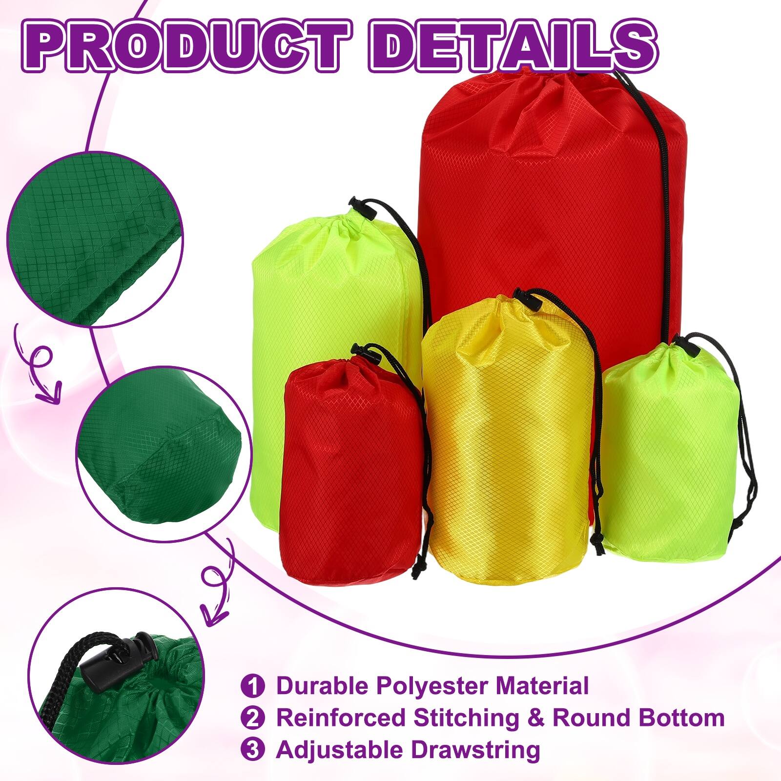 PRODUCT DETAILS

1. Durable Polyester Material
2. Reinforced Stitching & Round Bottom
3. Adjustable Drawstring