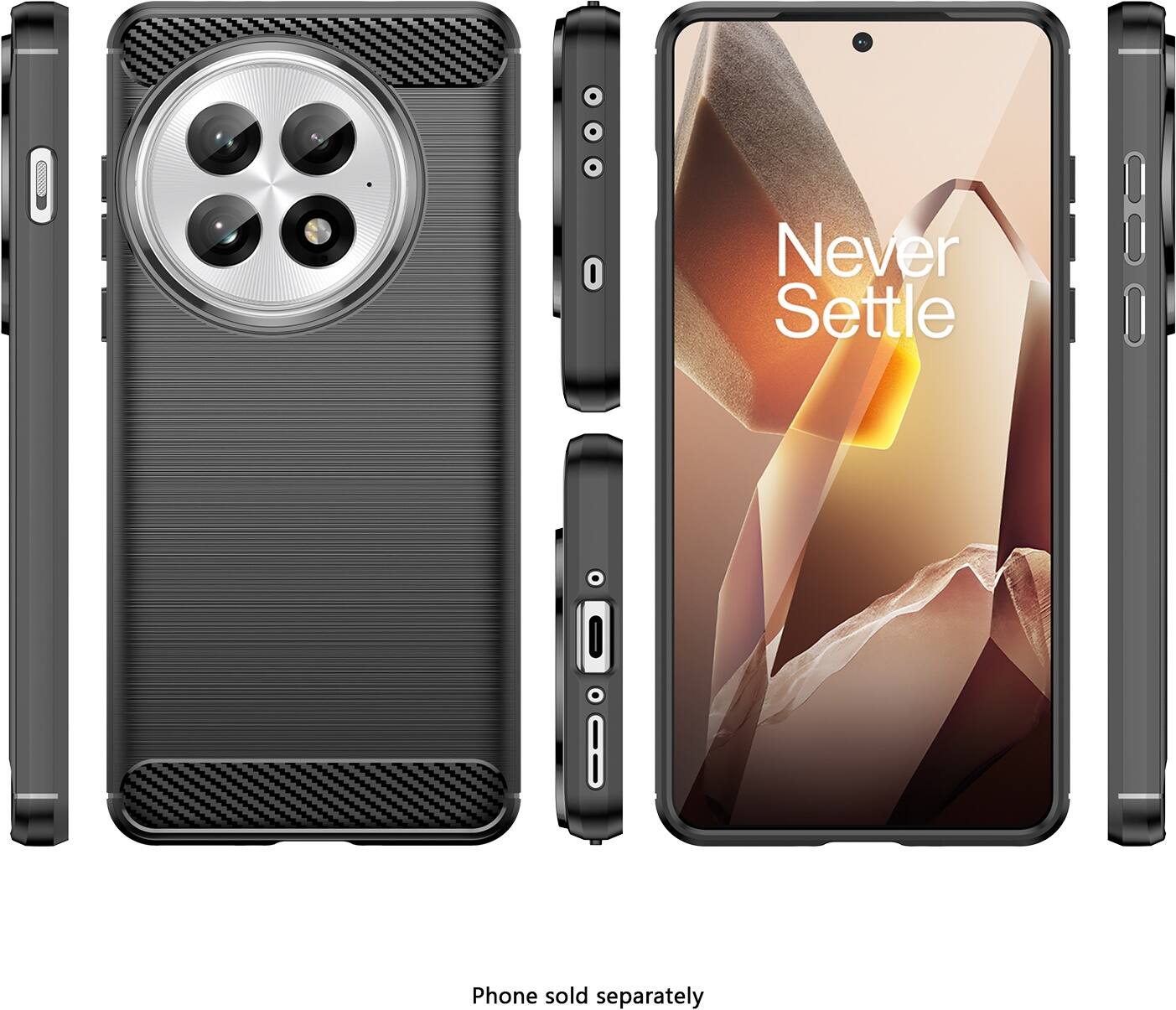 The text on the image reads: "Never Settle Phone sold separately."