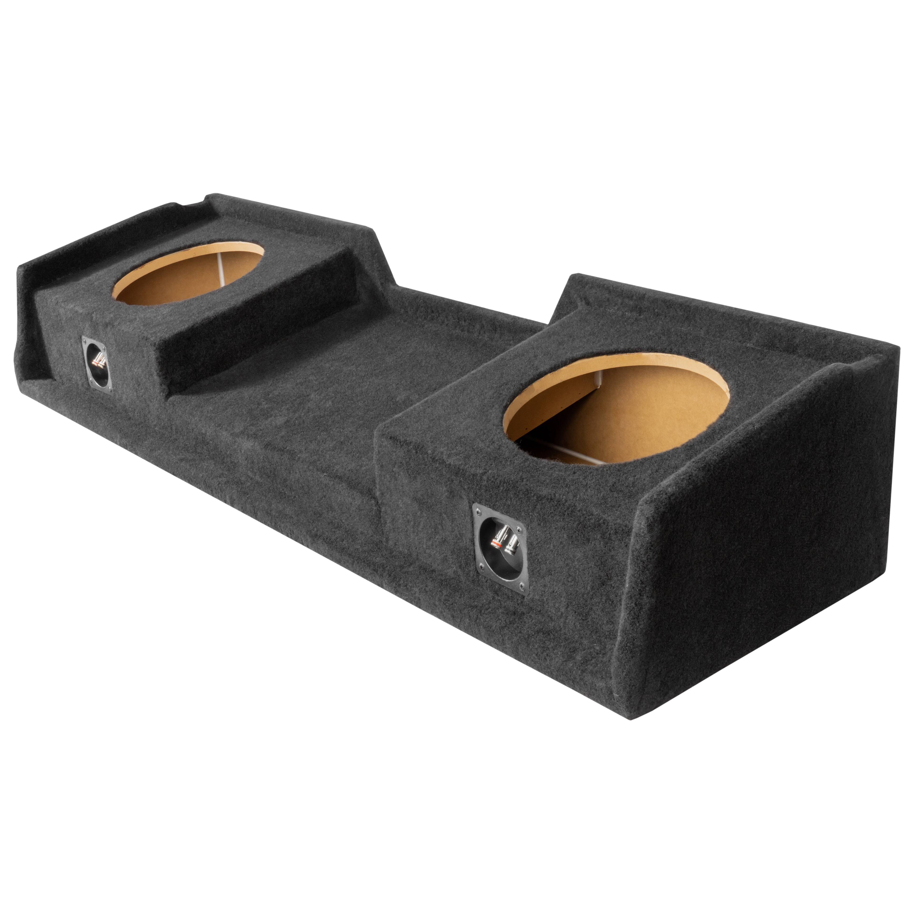 Left. NVX - VEGMSLVECG1D10S Custom Fit Dual 10in Sealed Empty Down-Firing Sub Box for 1999-2006 Chevrolet Silverado and GMC Sierra.