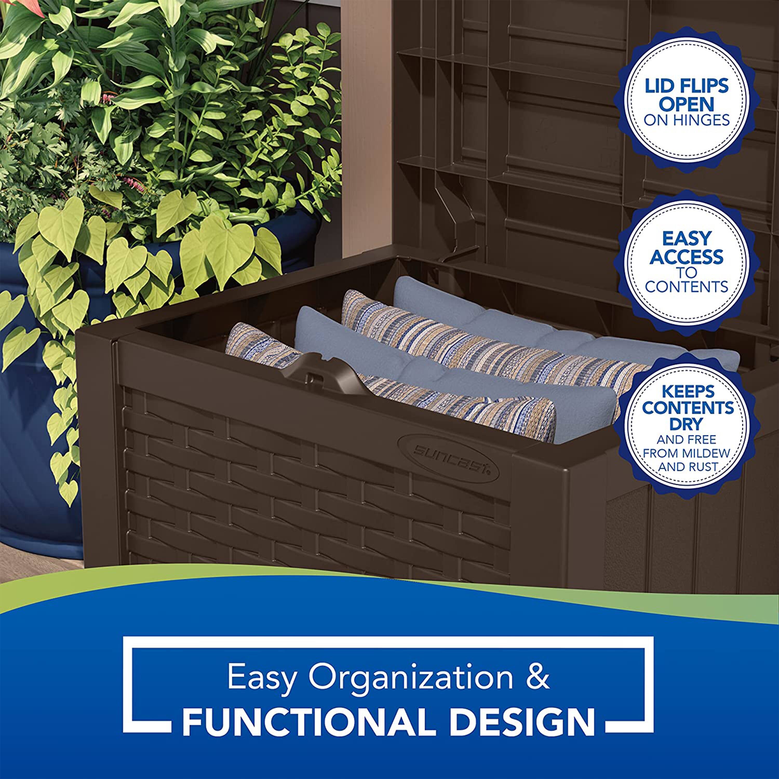 - Lid flips open on hinges
- Easy access to contents
- Keeps contents dry and free from mildew and rust
- Easy organization & functional design