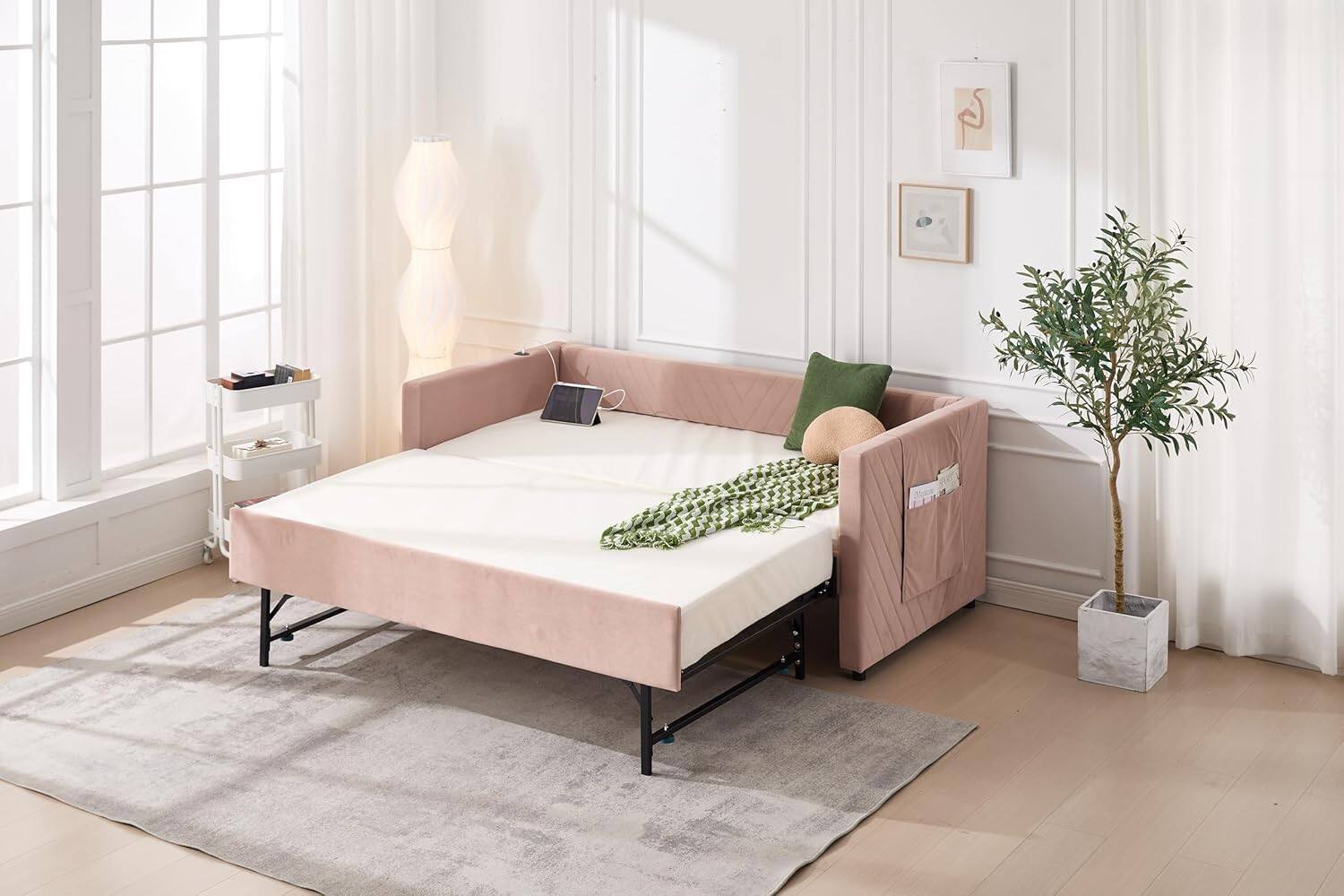 Alt View 2. Trinkets Crazed - Twin Daybed with Pop Up Trundle, Velvet Upholstered Extendable Daybed with USB Ports & Pockets - pink.