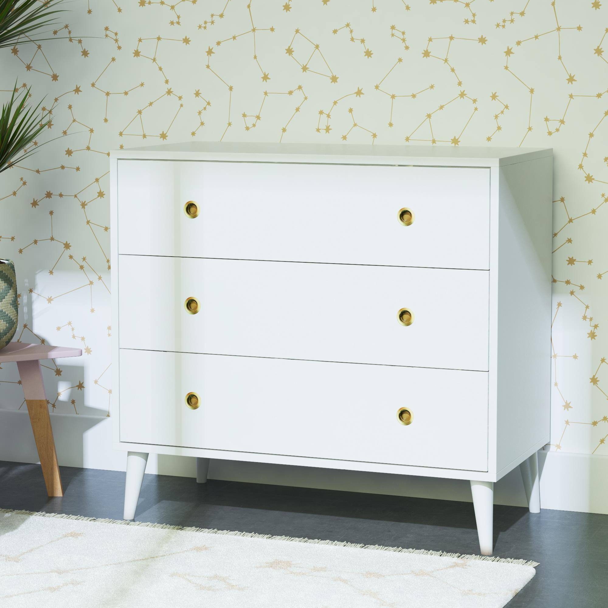 Front. Aukfa - Mid-Century Modern 3-Drawer Dresser - Solid Pine Wood, Gold Pulls, 35.5"W x 33.5"H, 30lb Top/15lb Drawer Weight Capacity - White.
