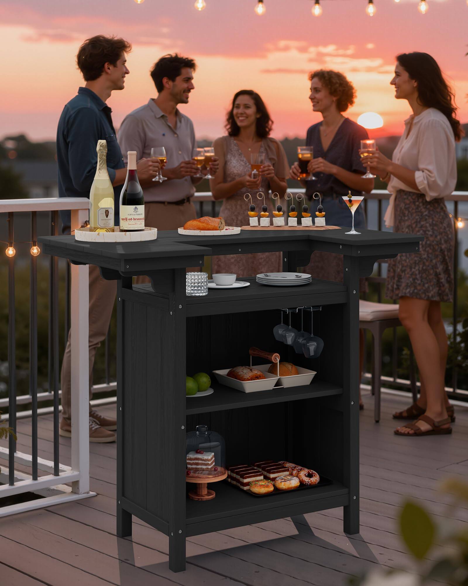 Alt View 5. SERWALL - SERWALL Outdoor Bar Table,HDPE Patio Bar Cabinet with 4-Tier Storage,Black - black.
