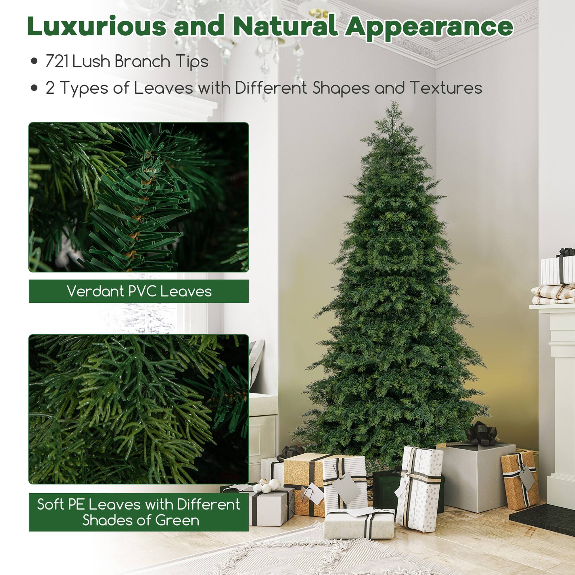 Luxurious and Natural Appearance

- 721 Lush Branch Tips
- 2 Types of Leaves with Different Shapes and Textures

Verdant PVC Leaves

Soft PE Leaves with Different Shades of Green