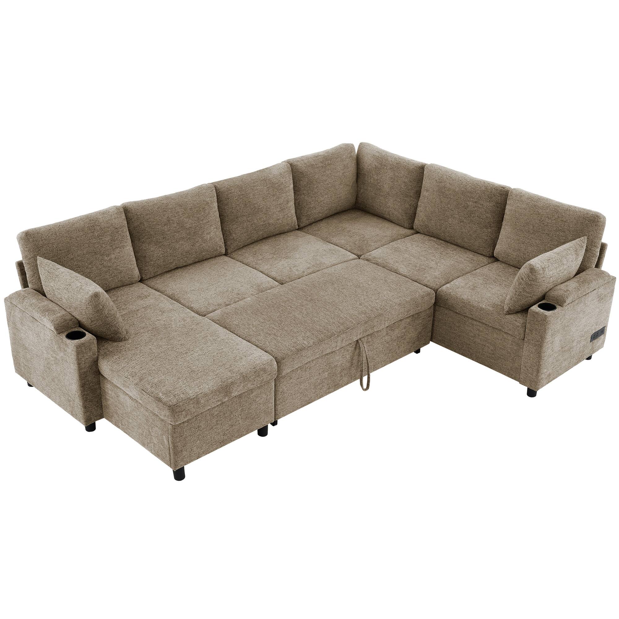 Left. Whisen - 110" U-Shaped Sectional Sofa Bed with Storage Chaise,USB Ports & Cup Holders for Living Room - Brown.