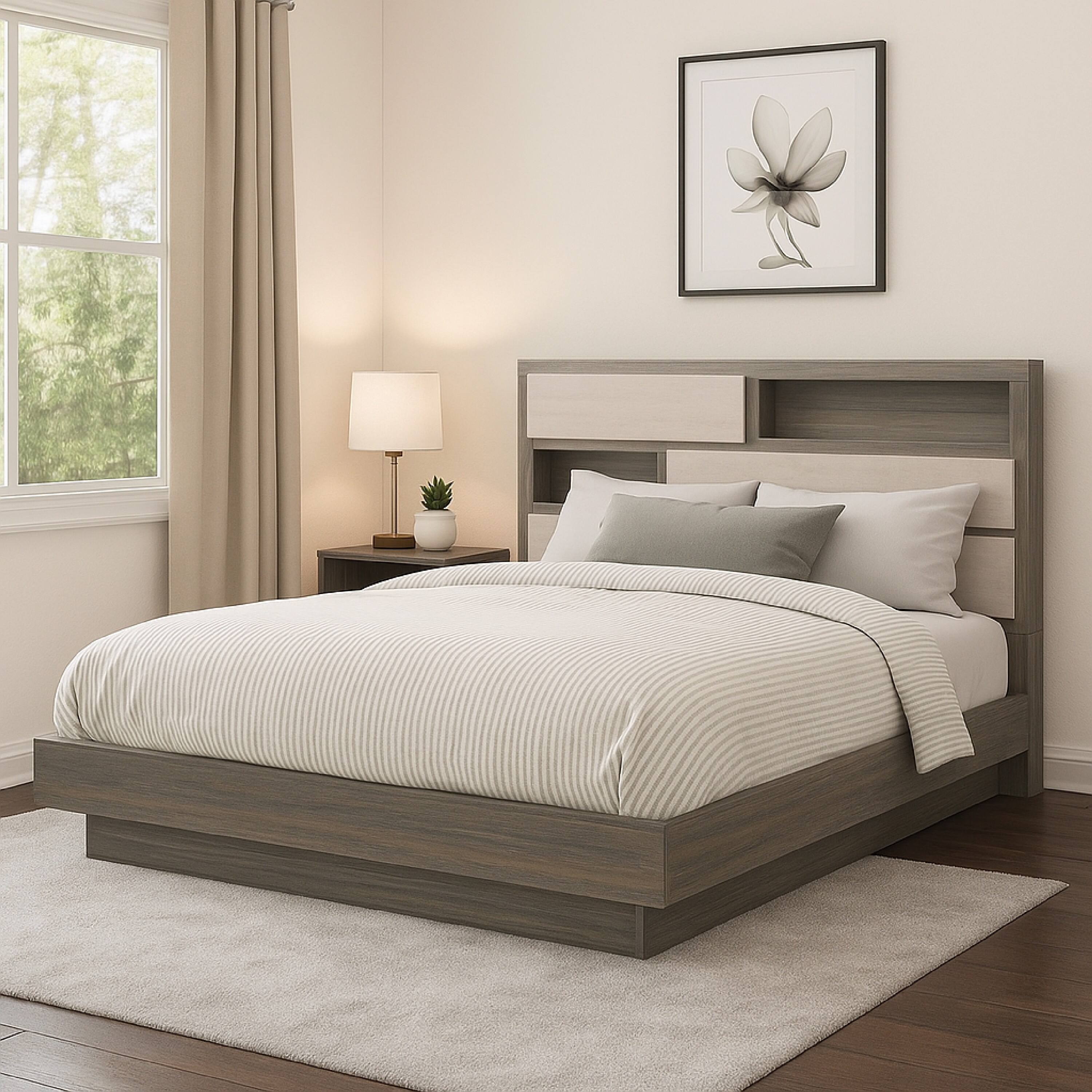 Alt View 5. Manhattan Lane - Fene Queen Size Bed, Bookcase Headboard, Wood Gray, Hidden Storage - Gray.