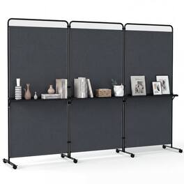 Costway - 3-Panel Room Divider with Storage Shelves 6FT Tall Folding Privacy Screen on Wheels - Gray