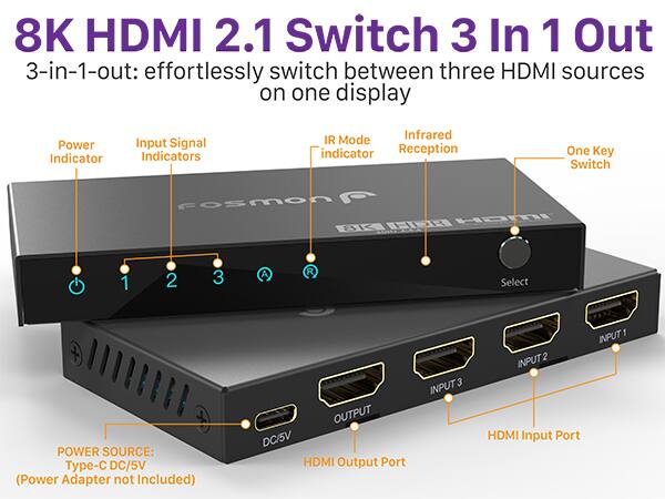 8K HDMI 2.1 Switch 3 In 1 Out

3-in-1-out: effortlessly switch between three HDMI sources on one display

- Power Indicator
- Input Signal Indicators
- IR Mode indicator
- Infrared Reception
- One Key Switch

POWER SOURCE: Type-C DC/5V (Power Adapter not Included)

- HDMI Output Port
- HDMI Input Port (INPUT 1, INPUT 2, INPUT 3)