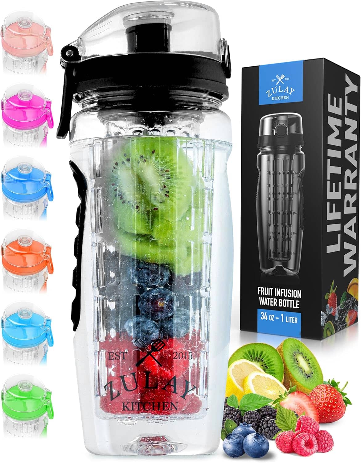 Zulay Kitchen - Fruit Infuser Water Bottle - 34oz - Leakproof With Full-Length Infusion Rod - Black