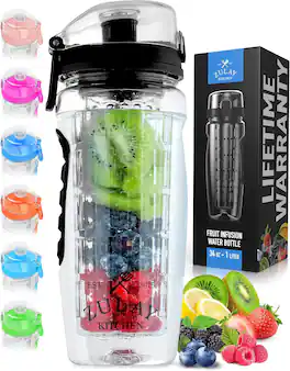Zulay Kitchen - Fruit Infuser Water Bottle 34oz - Leakproof With Full-Length Infusion Rod - Black