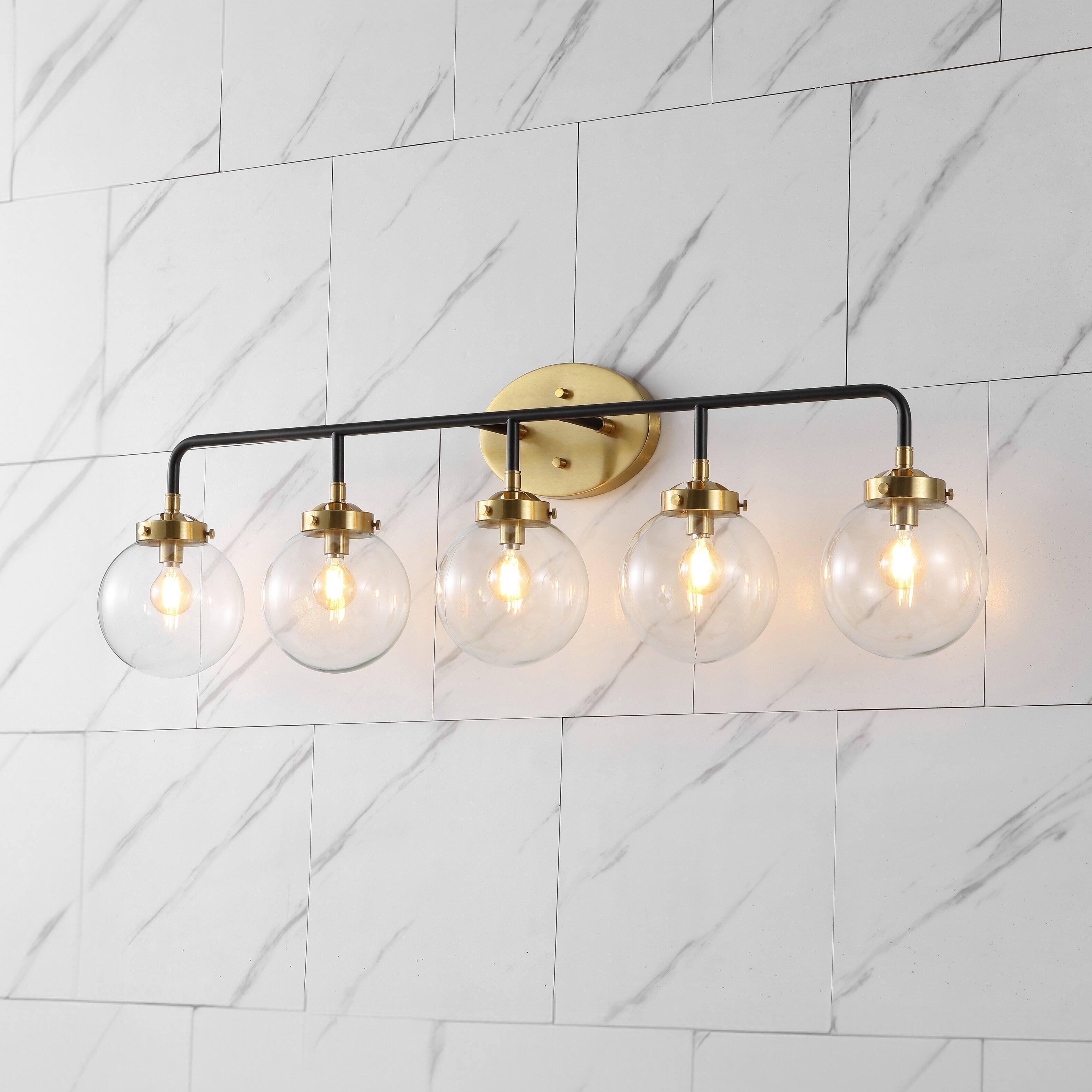 Alt View 1. Jonathan Y - Caleb 38" 5-Light Contemporary Transitional Iron/Glass LED Vanity Light, Brass Gold/Black - Black/Brass Gold.