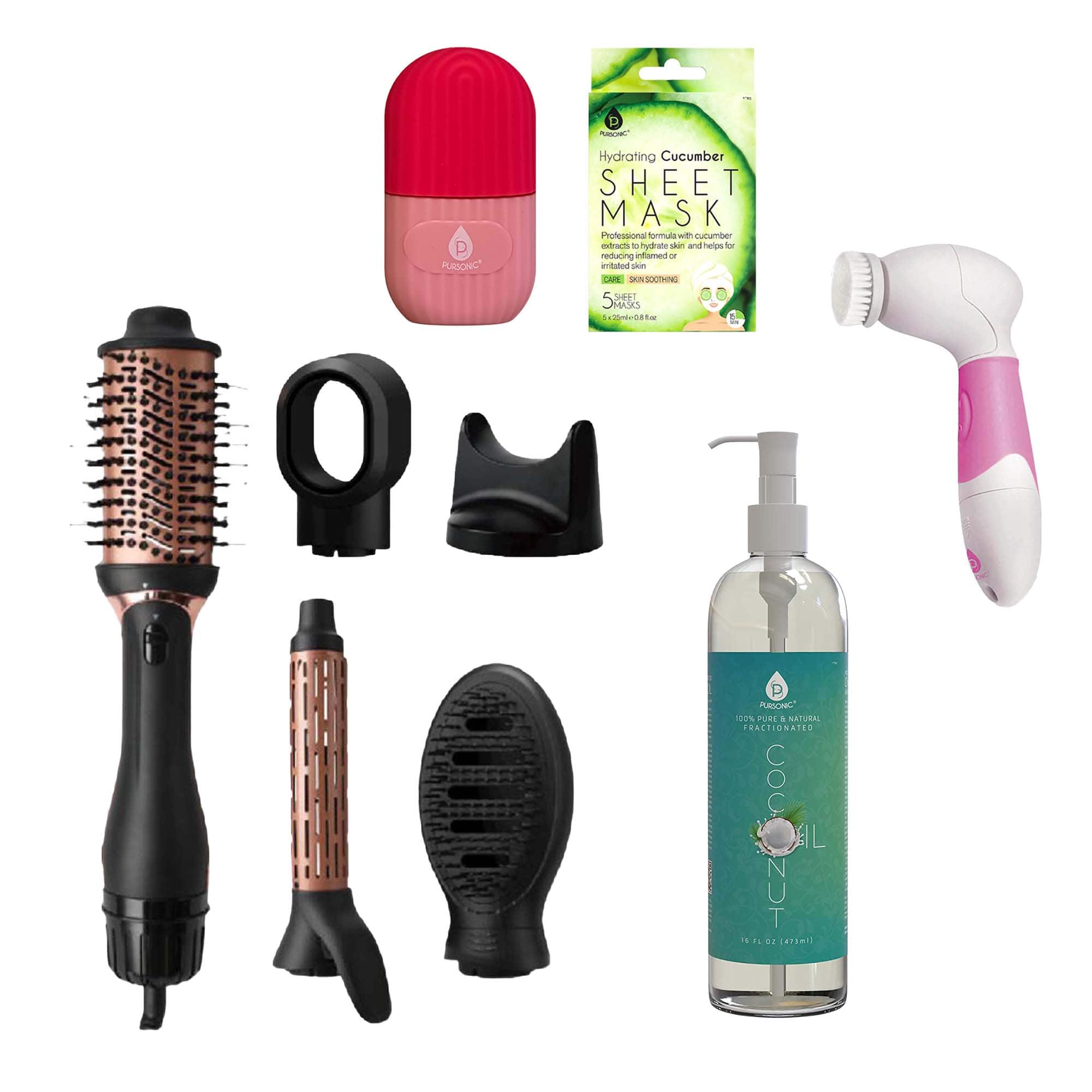 Ultimate Self-Care Bundle – Ice Cube Facial Roller, Pursonic Cleansing Brush, Hot Air Blower Brush & More - Multicolor