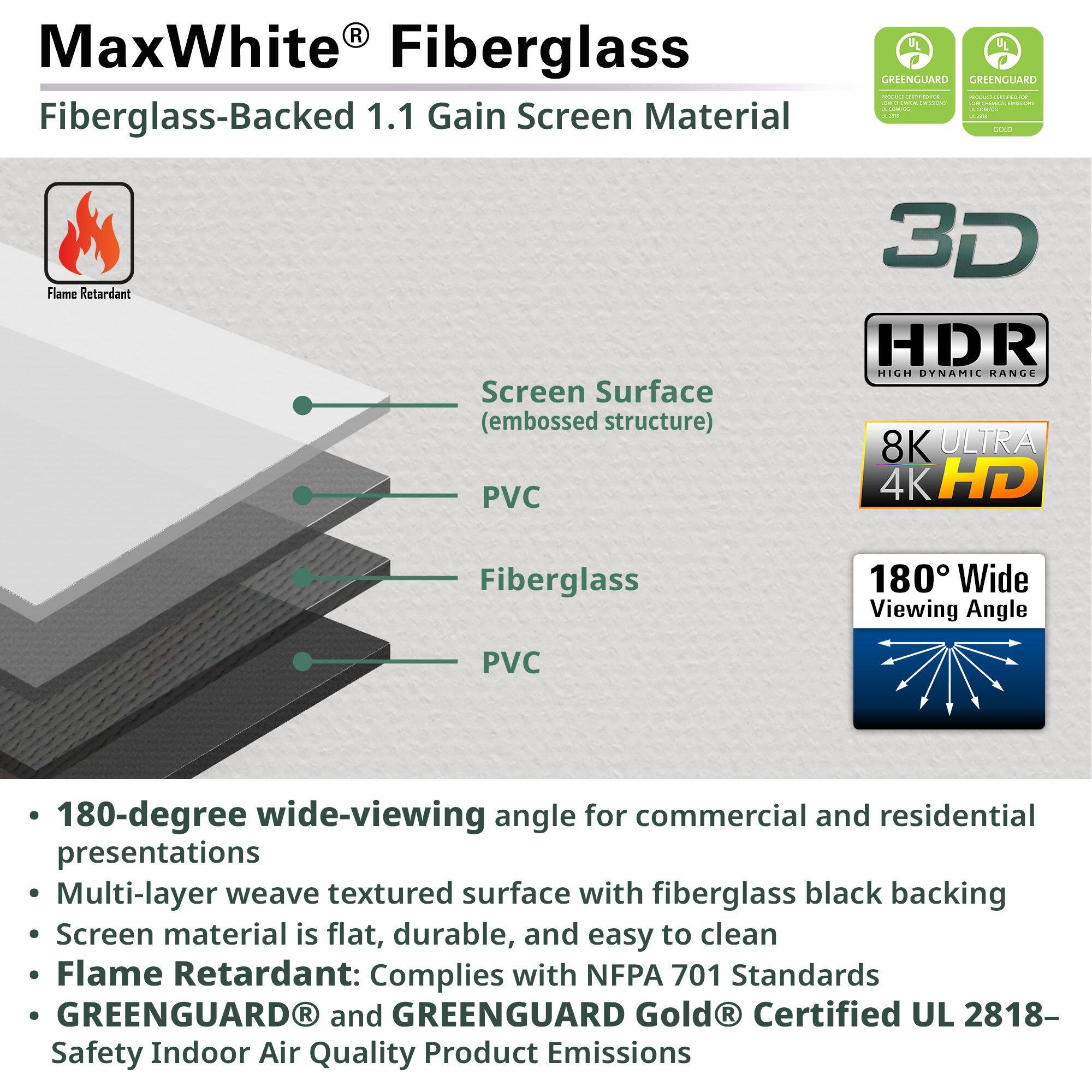 MaxWhite® Fiberglass  
Fiberglass-Backed 1.1 Gain Screen Material  

- Flame Retardant: Complies with NFPA 701 Standards  
- GREENGUARD and GREENGUARD Gold® Certified UL 2818- Safety Indoor Air Quality Product Emissions  

Screen Surface (embossed structure)  
PVC  
Fiberglass  
PVC  

- 180-degree wide-viewing angle for commercial and residential presentations  
- Multi-layer weave textured surface with fiberglass black backing  
- Screen material is flat, durable, and easy to clean  
- Flame Retardant: Complies with NFPA 701 Standards  
- GREENGUARD® and GREENGUARD Gold® Certified UL 2818- Safety Indoor Air Quality Product Emissions  

3D  
HDR  
8K ULTRA 4K HD  
180° Wide Viewing Angle