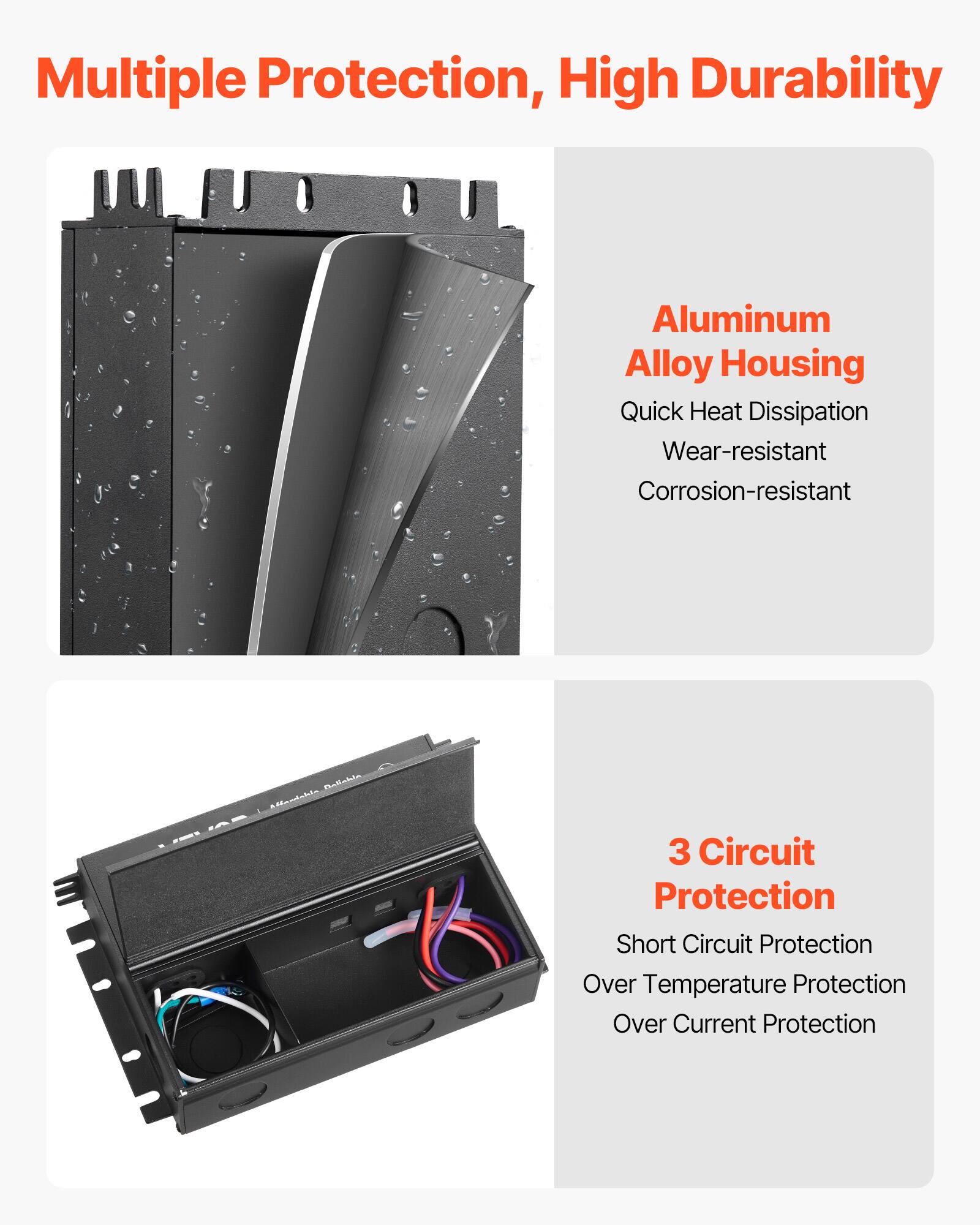 Multiple Protection, High Durability

Aluminum Alloy Housing
- Quick Heat Dissipation
- Wear-resistant
- Corrosion-resistant

3 Circuit Protection
- Short Circuit Protection
- Over Temperature Protection
- Over Current Protection