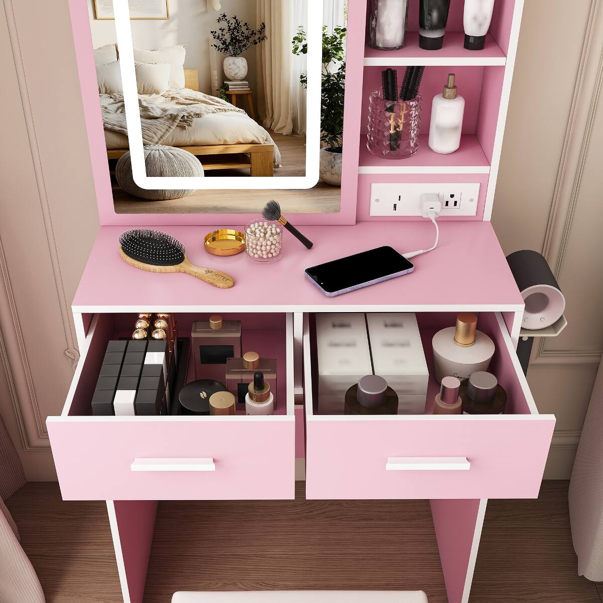 Alt View 10. Loheer - Loheer Small Makeup Vanity Desk with Mirror and Adjustable LED Lights, Pink - Pink.