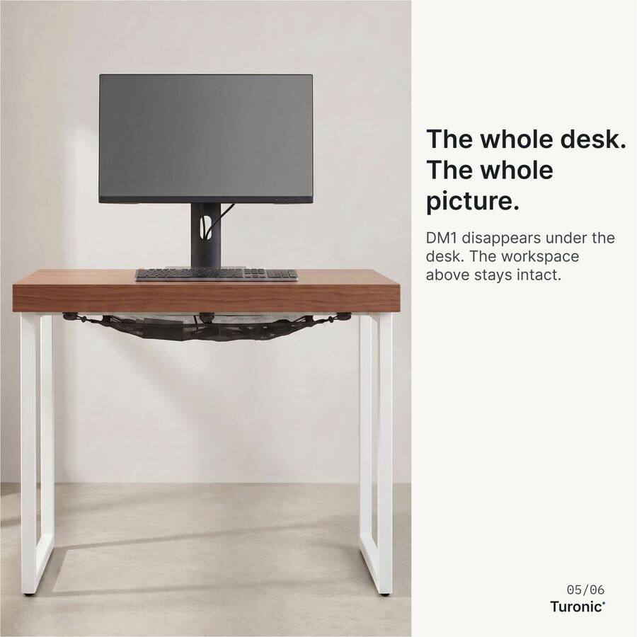 The whole desk. The whole picture. DM1 disappears under the desk. The workspace above stays intact. 05/06 Turonic