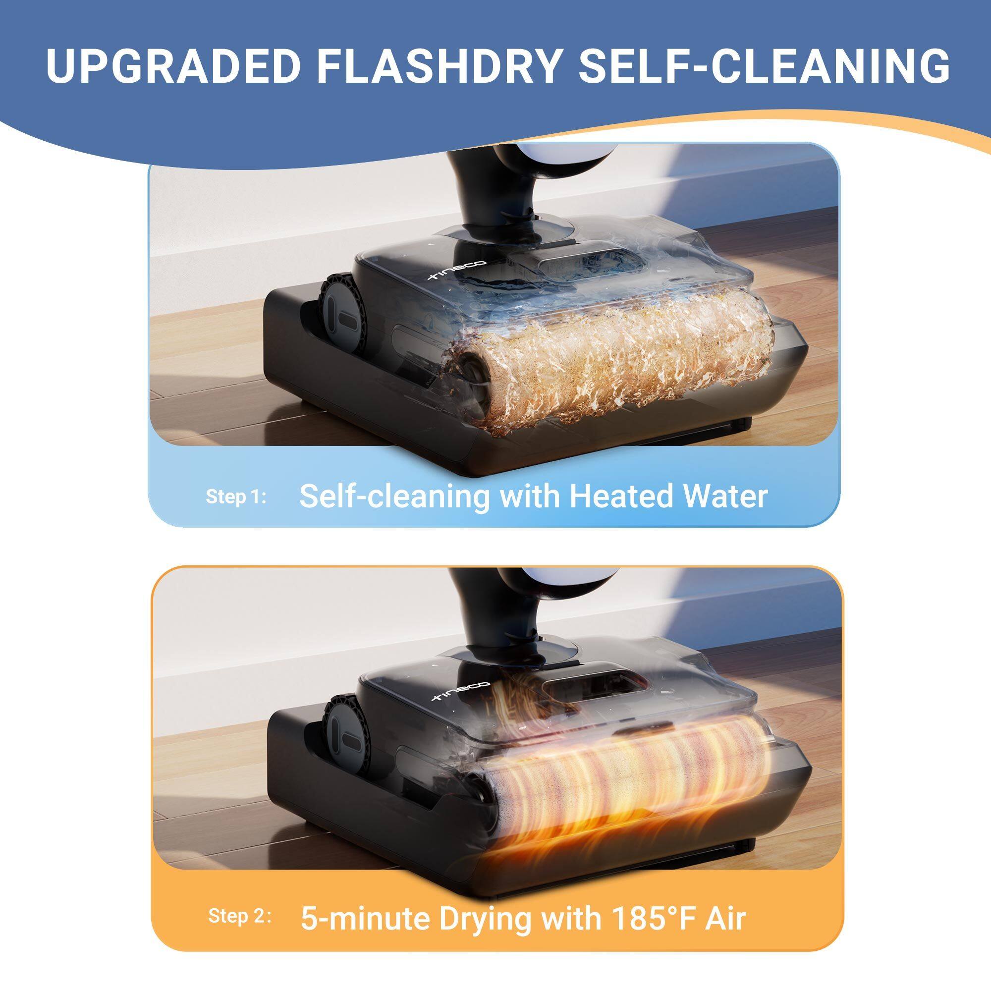 UPGRADED FLASHDRY SELF-CLEANING

Step 1: Self-cleaning with Heated Water

Step 2: 5-minute Drying with 185°F Air