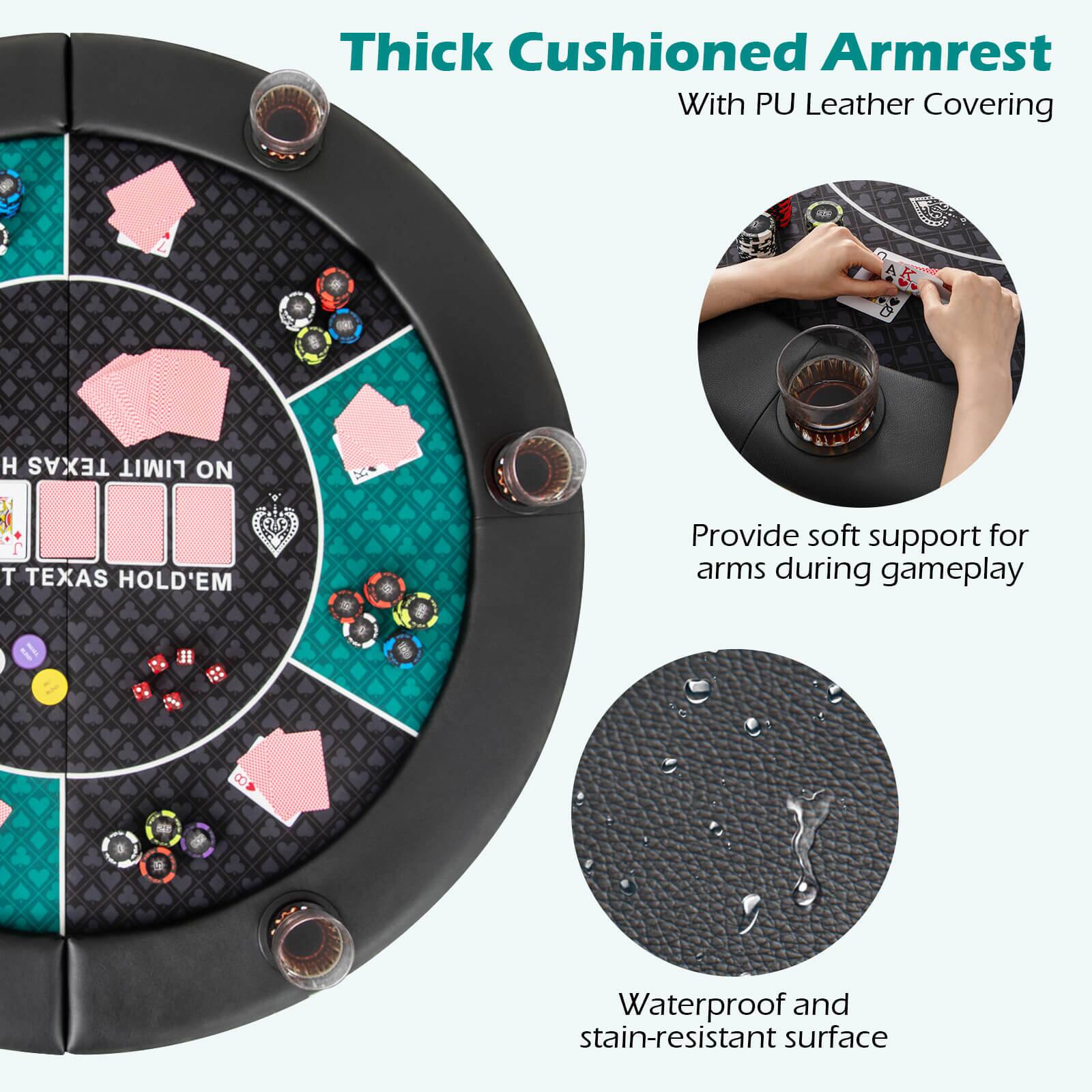 Thick Cushioned Armrest With PU Leather Covering, A 5. H TEXAS LIMIT ON T TEXAS HOLD'EM, Provide soft support for arms during gameplay, Waterproof and stain-resistant surface