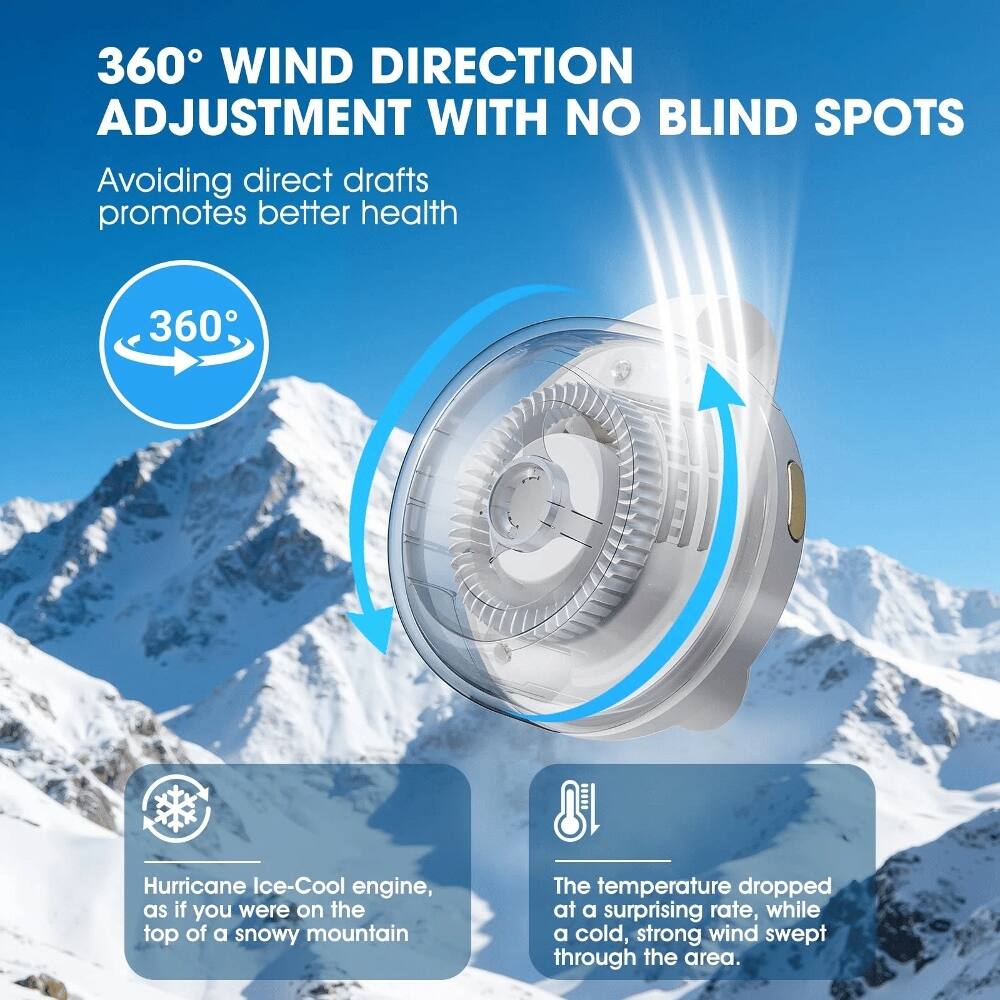 360° WIND DIRECTION ADJUSTMENT WITH NO BLIND SPOTS  
Avoiding direct drafts promotes better health  

Hurricane Ice-Cool engine, as if you were on the top of a snowy mountain  

The temperature dropped at a surprising rate, while a cold, strong wind swept through the area.