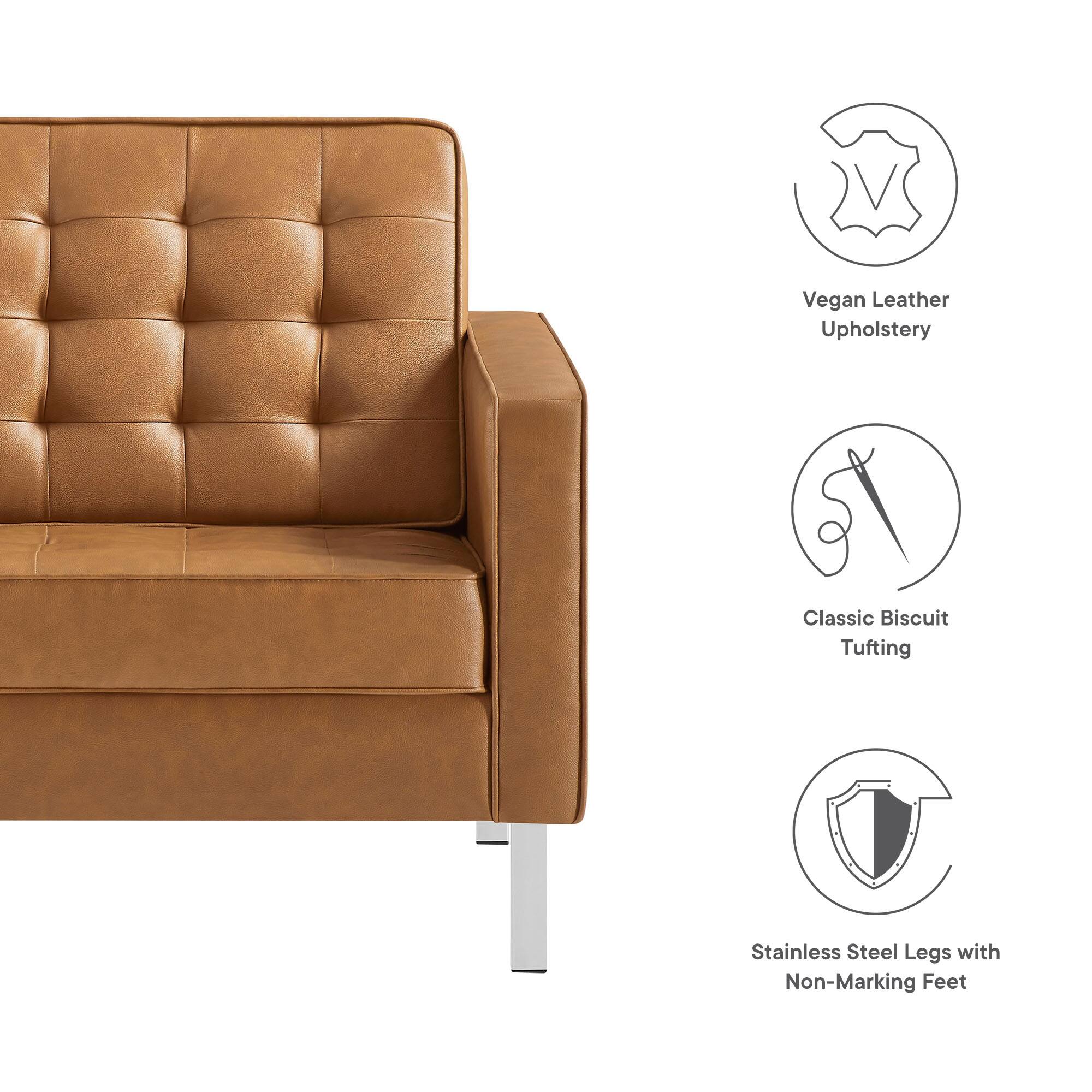 Vegan Leather Upholstery  
Classic Biscuit Tufting  
Stainless Steel Legs with Non-Marking Feet