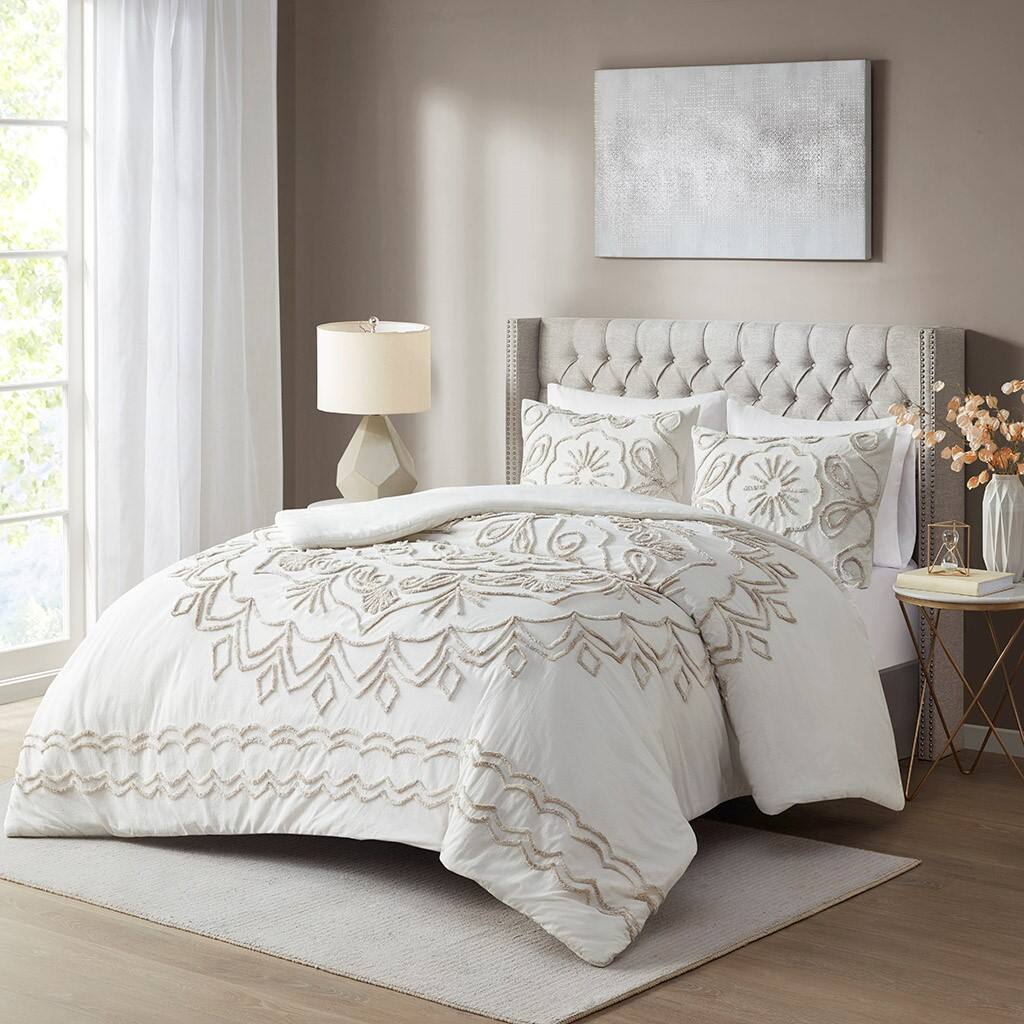 Alt View 1. Gracie Mills - Gracie Mills Gertrude Medallion Chenille 3-Piece Duvet Cover Set - Ivory/Taupe.