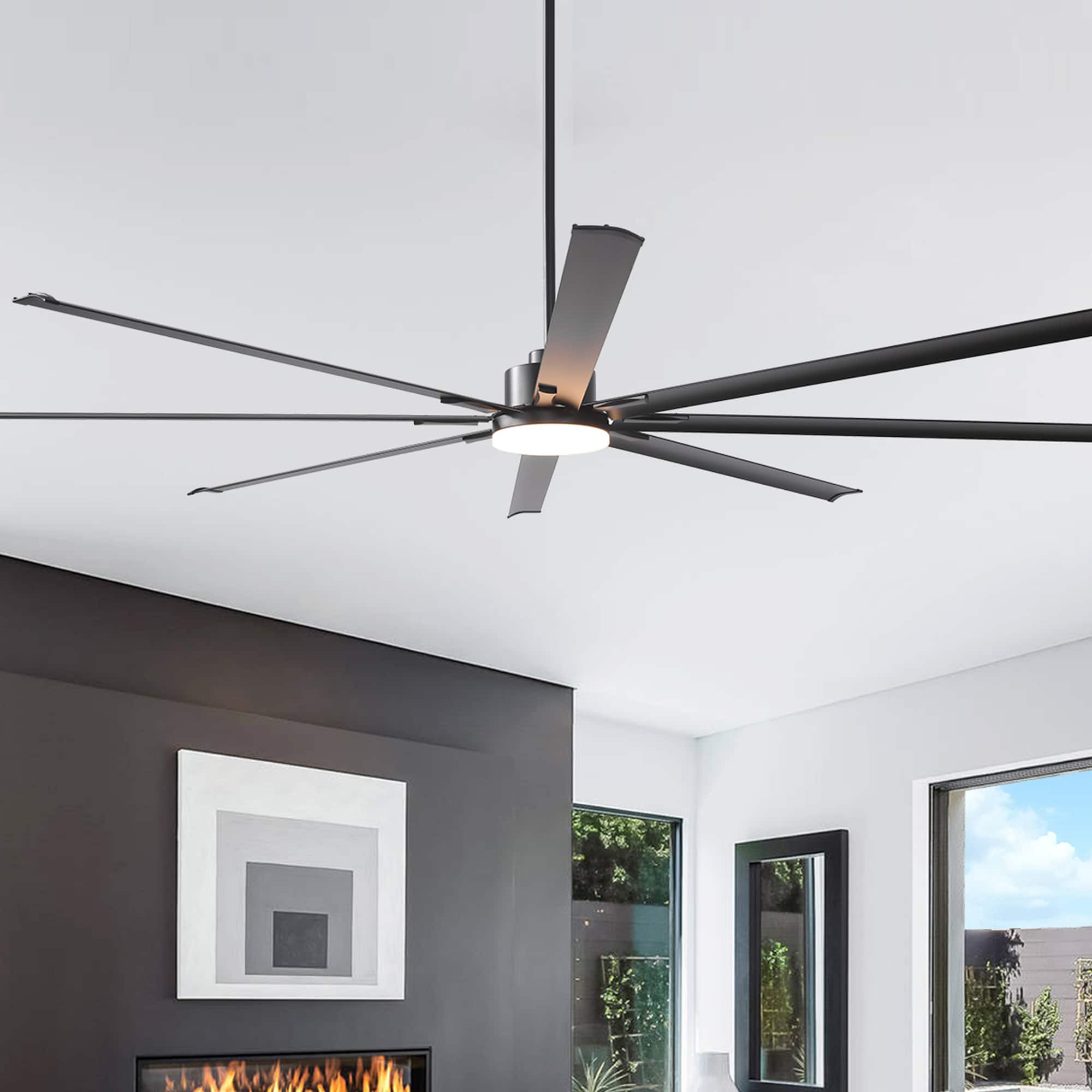 Vaczon - 100" Industrial Aluminum 8-Blade Large Indoor Commercial Ceiling Fan with Dimmable 3CCT LED Light and Remote - Matte Black