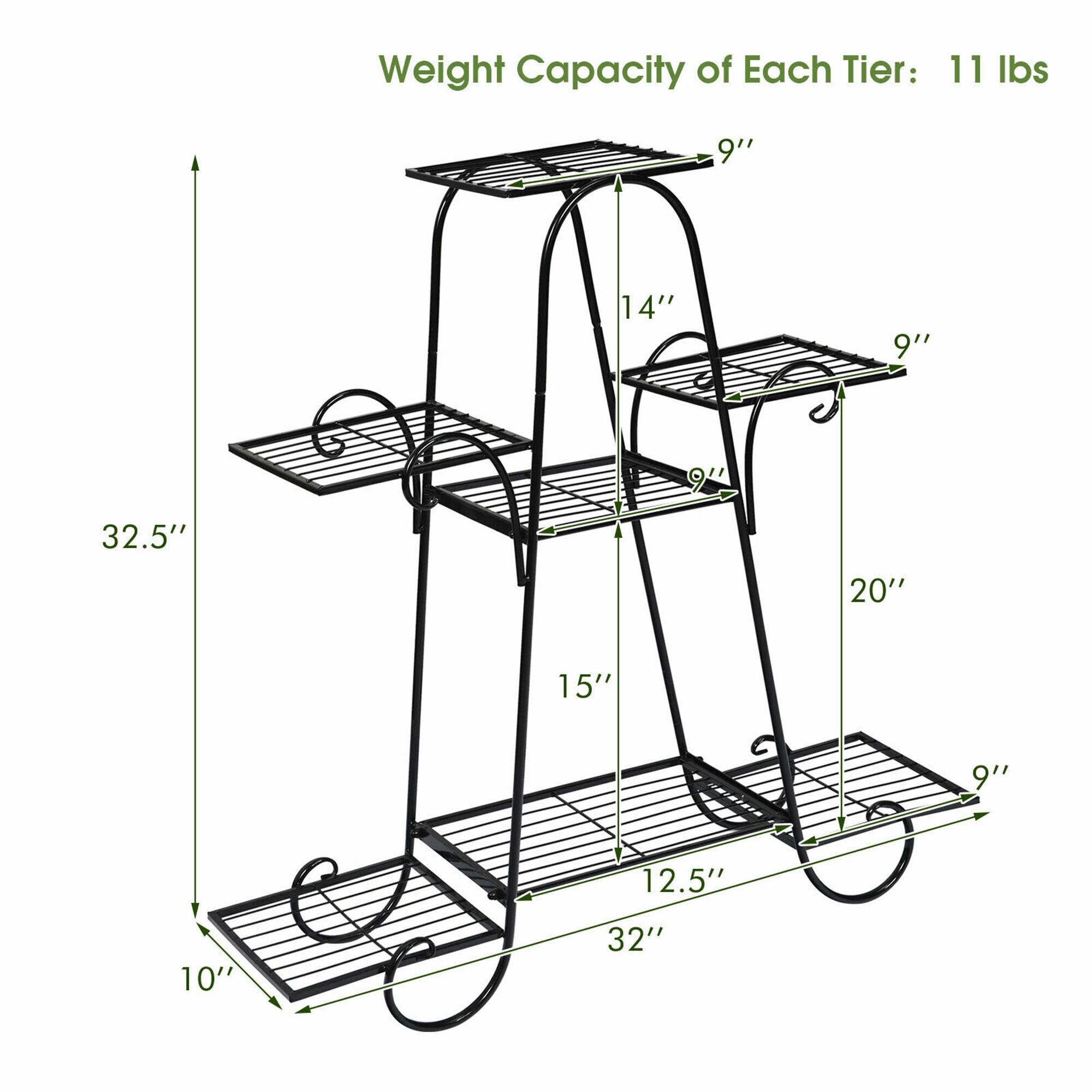 Weight Capacity of Each Tier: 11 lbs

Dimensions:
- Height: 32.5"
- Width: 32"
- Depth: 10"
- Top Tier: 9" x 14"
- Second Tier: 9" x 15"
- Third Tier: 9" x 20"
- Bottom Tier: 9" x 12.5"