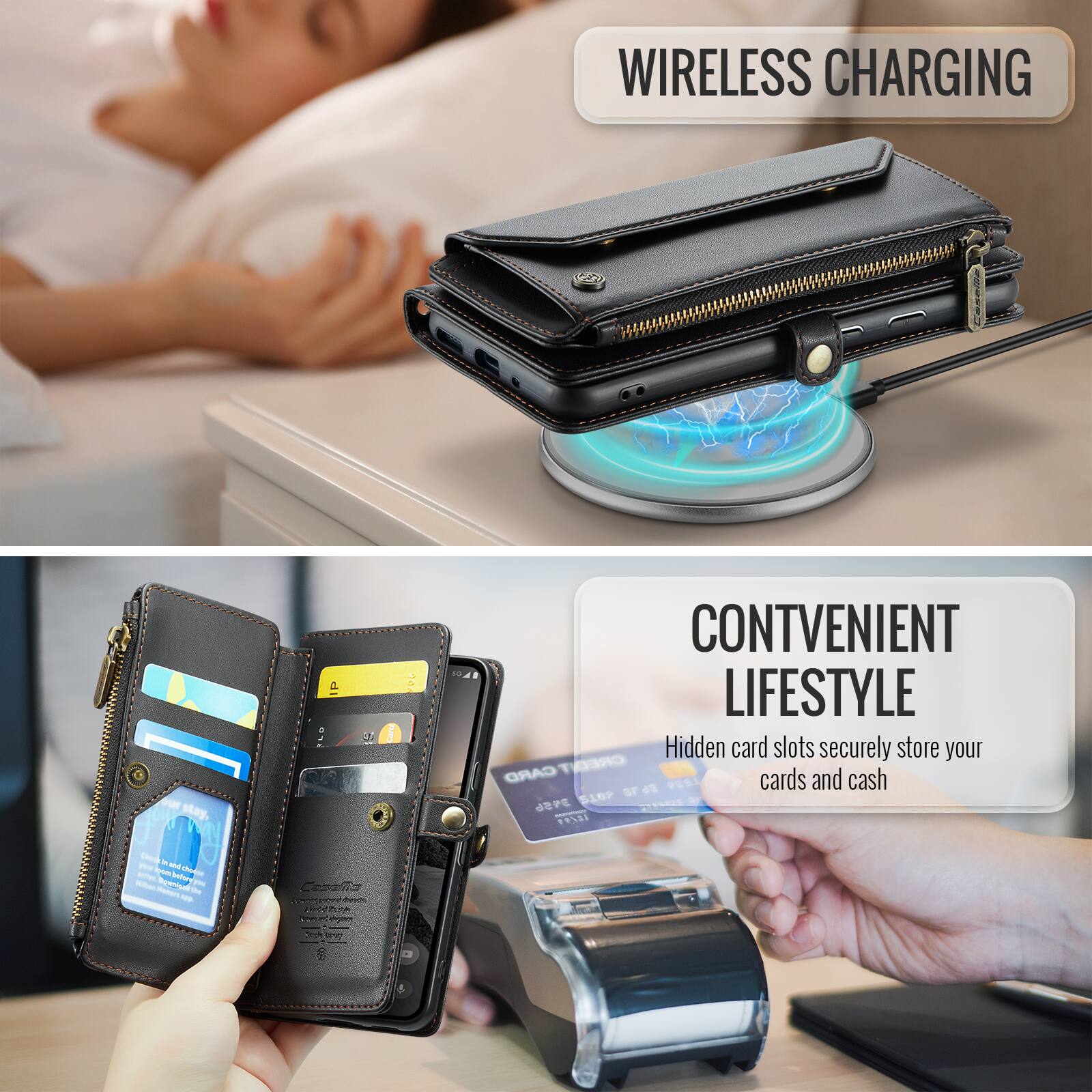WIRELESS CHARGING

CONVENIENT LIFESTYLE

Hidden card slots securely store your cards and cash
