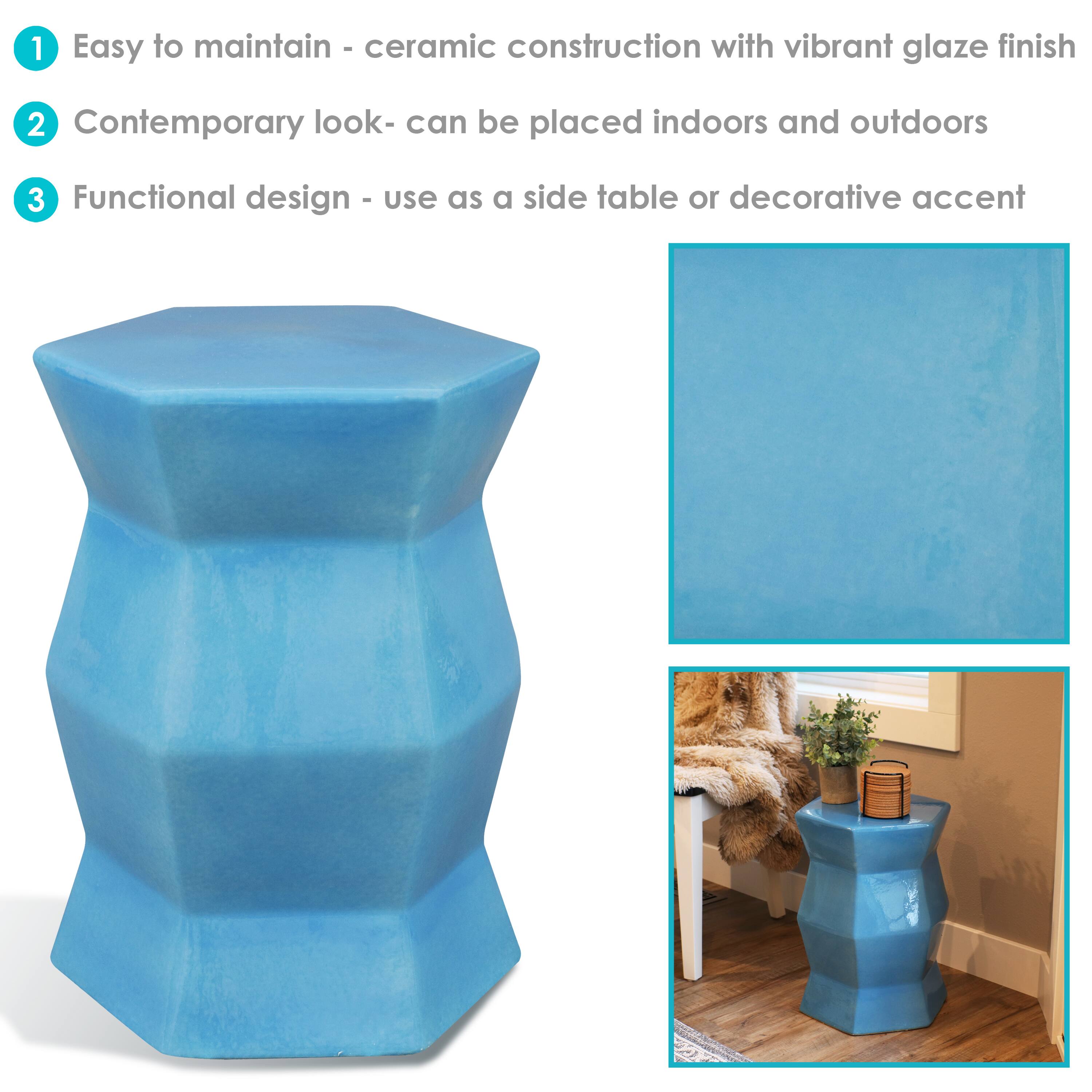 1. Easy to maintain - ceramic construction with vibrant glaze finish  
2. Contemporary look - can be placed indoors and outdoors  
3. Functional design - use as a side table or decorative accent