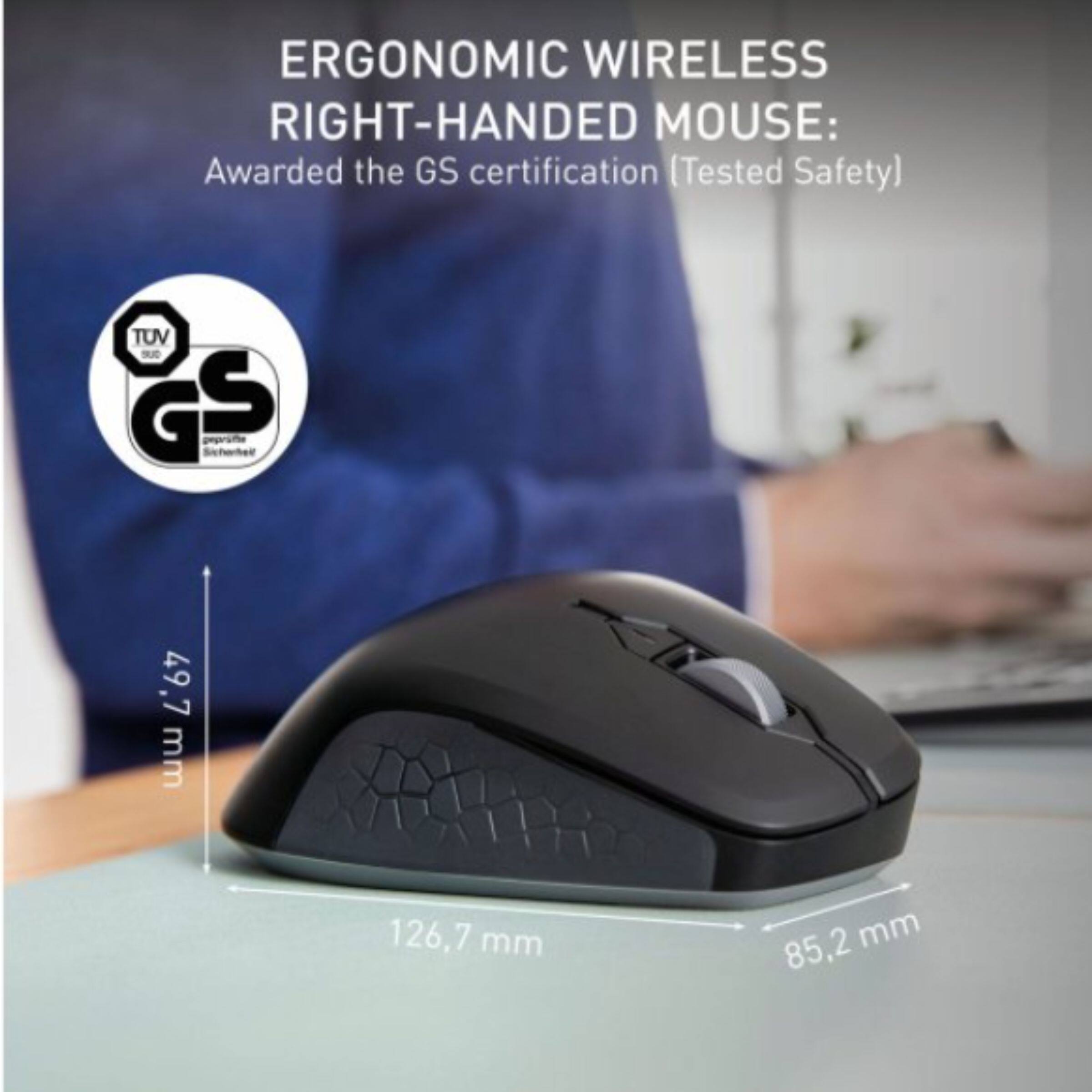 ERGONOMIC WIRELESS RIGHT-HANDED MOUSE:  
Awarded the GS certification (Tested Safety)  

TUV GS  
geprüfte Sicherheit  

49.7 mm  
126.7 mm  
85.2 mm