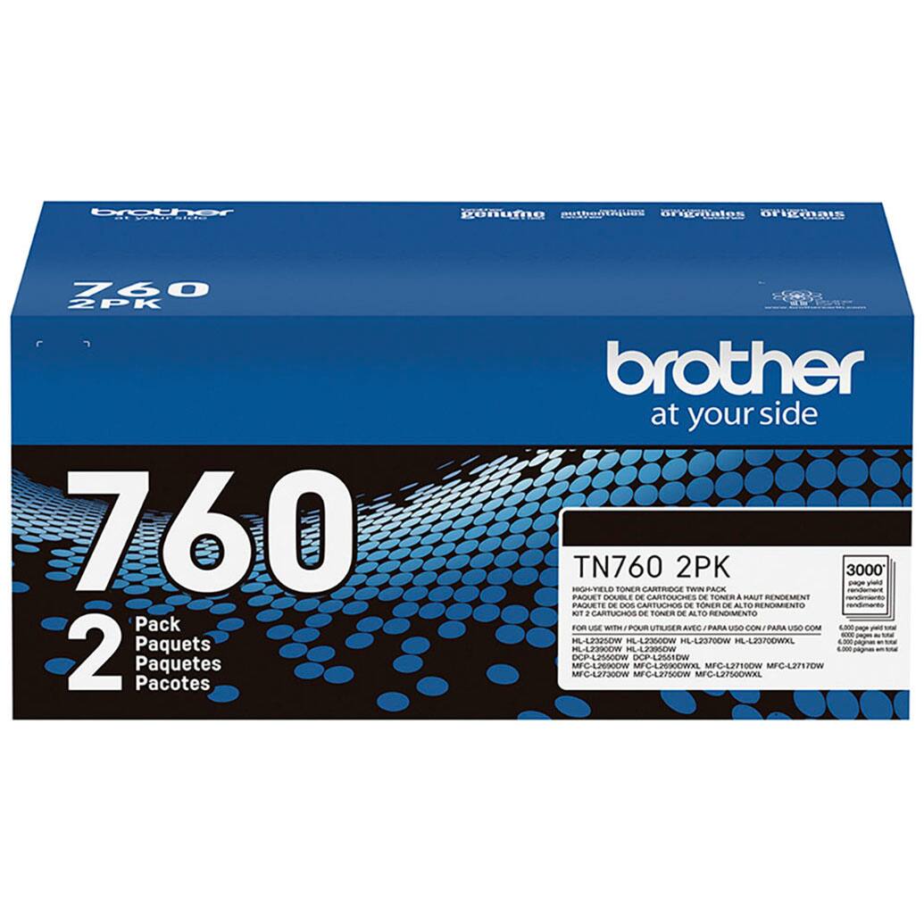 The text on the image reads: "Brother at your side TN760 2PK 760 Pack 2 Paquetes Pacotes 3000' - Vs RVEL TONER CARTR TWIN PACK rentare PAQUET DOUBLE T CARTOUCHES DE TONER A RAIT ENEMENT nn PAJATE DN DOS ARTULI E ONER DE AL P NDMENTO nnimares NIT . CAMTUGIOS DE TONER D ATO RENDMENTO FOR u - POL VLLIER AUEO PARA uSe CON/PARA US COM - - y -E - - HLL232S0W HL423500W HL-L23700W HL42370DWXL na HLA200 WONDCJJH -- oing DOP-L2S50OW DOP-LIS1DW MFC-L2690OW MFC426900WXL MFC-L2F10OW MPC-L271JOW M C127300W MFCAZISOOW MFC-LEPSOOWXL."

Corrected text: "Brother at your side TN760 2PK 760 Pack 2 Paquetes Pacotes 3000' - Vs RVEL TONER CARTR TWIN PACK rentare PAQUET DOUBLE T CARTOUCHES DE TONER A RAIT ENEMENT nn PAJATE DN DOS ARTULI E ONER DE AL P NDMENTO nnimares NIT . CAMTUGIOS DE TONER D ATO RENDMENTO FOR u - POL VLLIER AUEO PARA uSe CON/PARA US COM - - y -E - - HLL232S0W HL423500W HL-L23700W HL42370DWXL na HLA200 WONDCJJH -- oing DOP-L2S50OW DOP-LIS1D