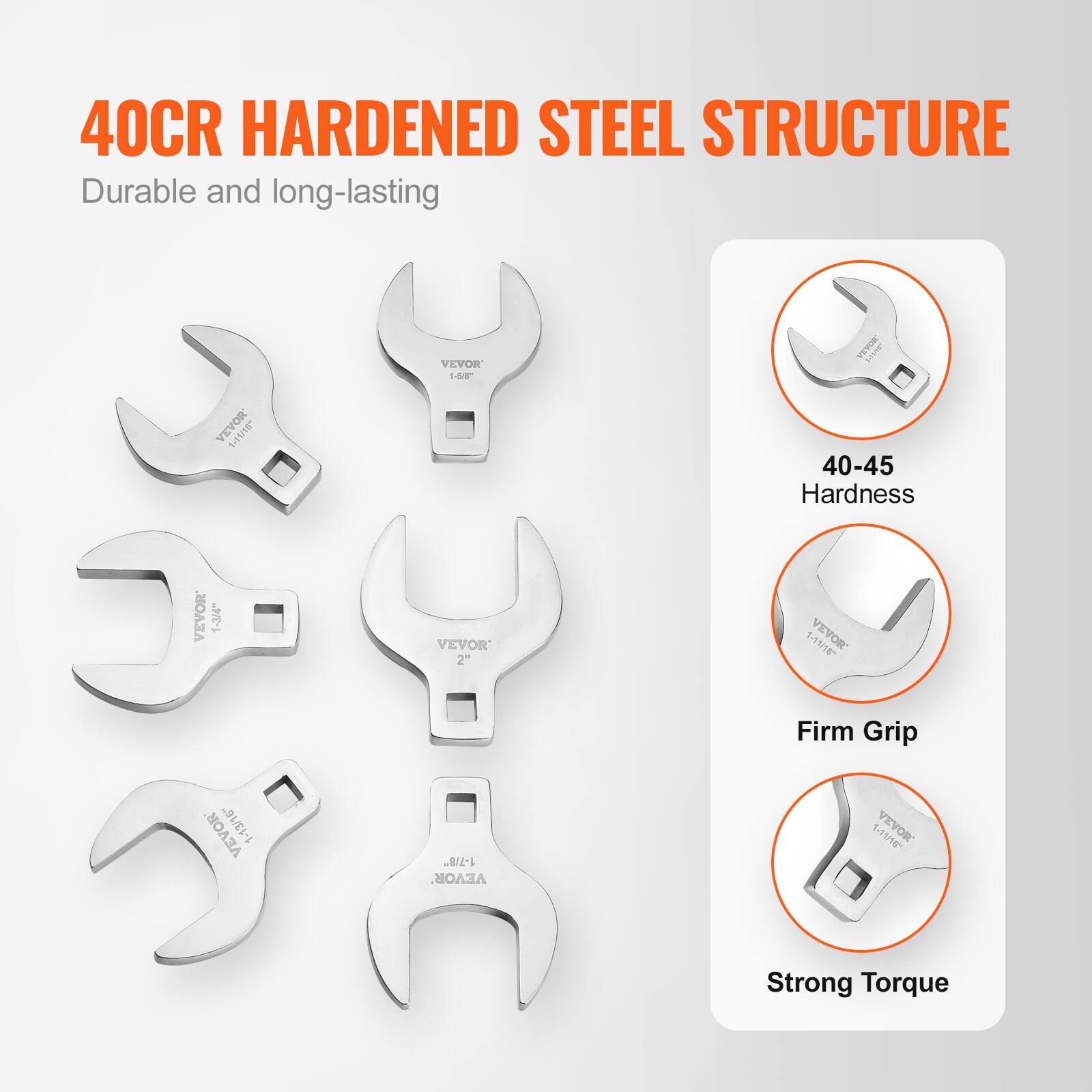 40CR HARDENED STEEL STRUCTURE  
Durable and long-lasting  

40-45 Hardness  
Firm Grip  
Strong Torque