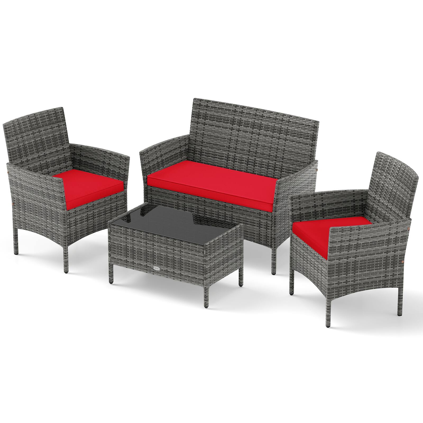 Alt View 6. Gymax - Gymax Set Of 4 Patio Furniture Set w/Washable Cushions & Tempered Glass Coffee Table Red - Mix Gray, Red.