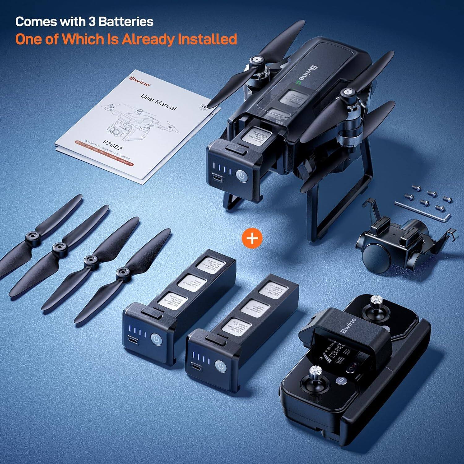 Comes with 3 Batteries  
One of Which Is Already Installed  

Bwine User Manual  
Bwine F7GB2  

Bwine