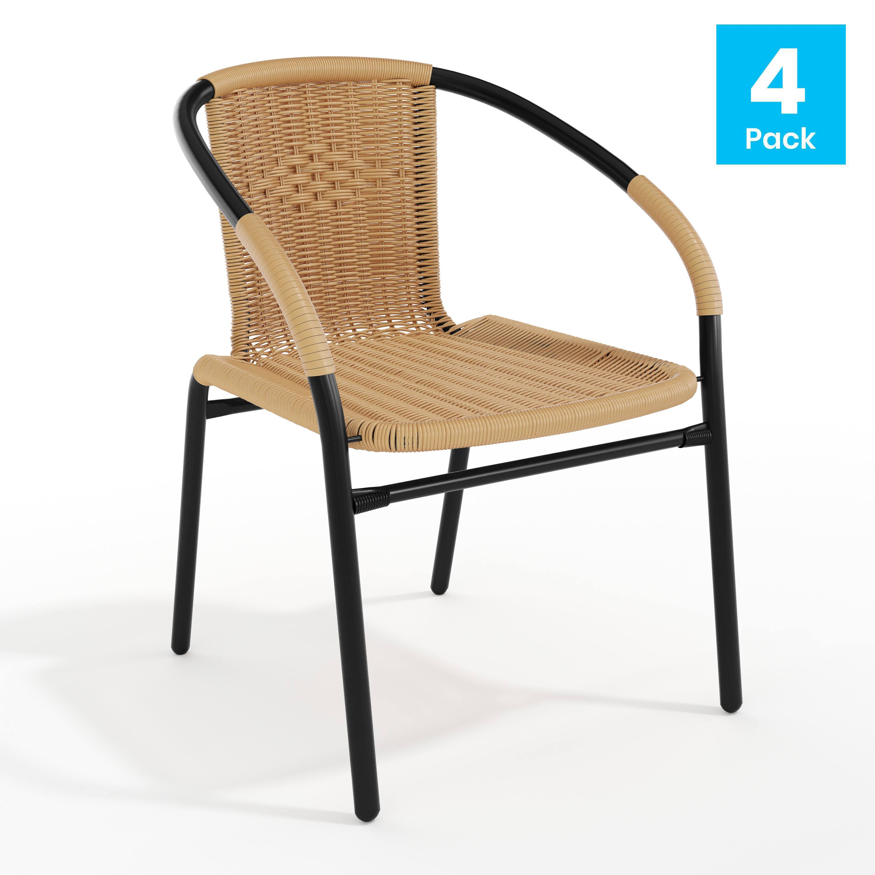 Alt View 1. Emma + Oliver - 4 Pack Rattan Indoor-Outdoor Restaurant Stack Chair with Curved Back - Beige.