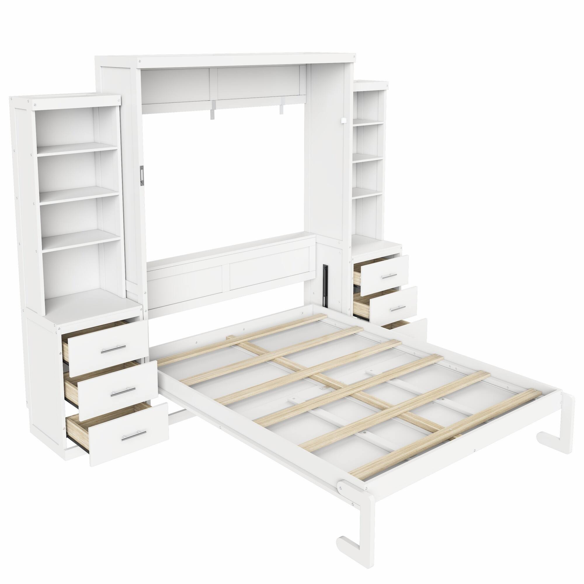 Alt View 2. Whisen - Queen Size Murphy Bed with Dual-Side Storage Shelves and Drawers, Space-Saving Foldable Bed - White.