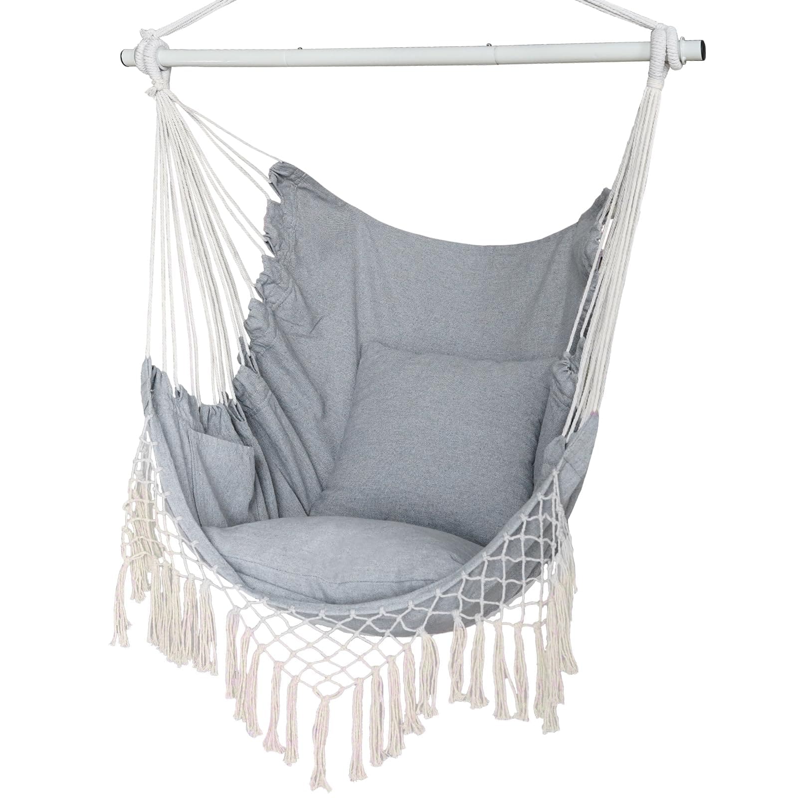 JETRANSPORT - Hammock Chair Hanging Rope Swing Seat With 2 Cushions Macrame Side Pocket High Load-bearing Metal Rod For - Gray