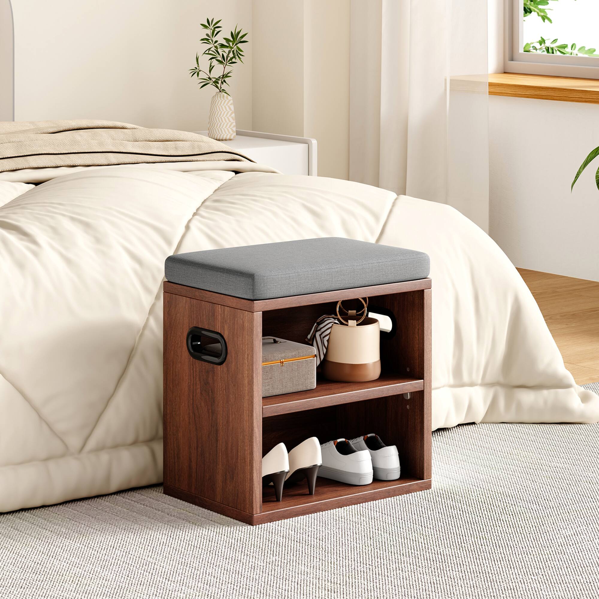 Alt View 2. GOODSILO - Compact Entryway Shoe Storage Bench with Removable Cushion for Seating and Organization - Walnut.