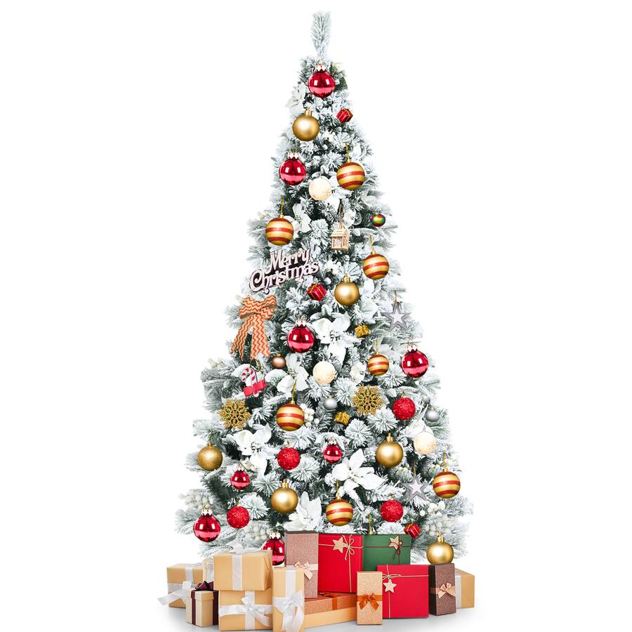 Gymax 6 FT Artificial Snow Flocked Christmas Tree Hinged Xmas Tree w ...