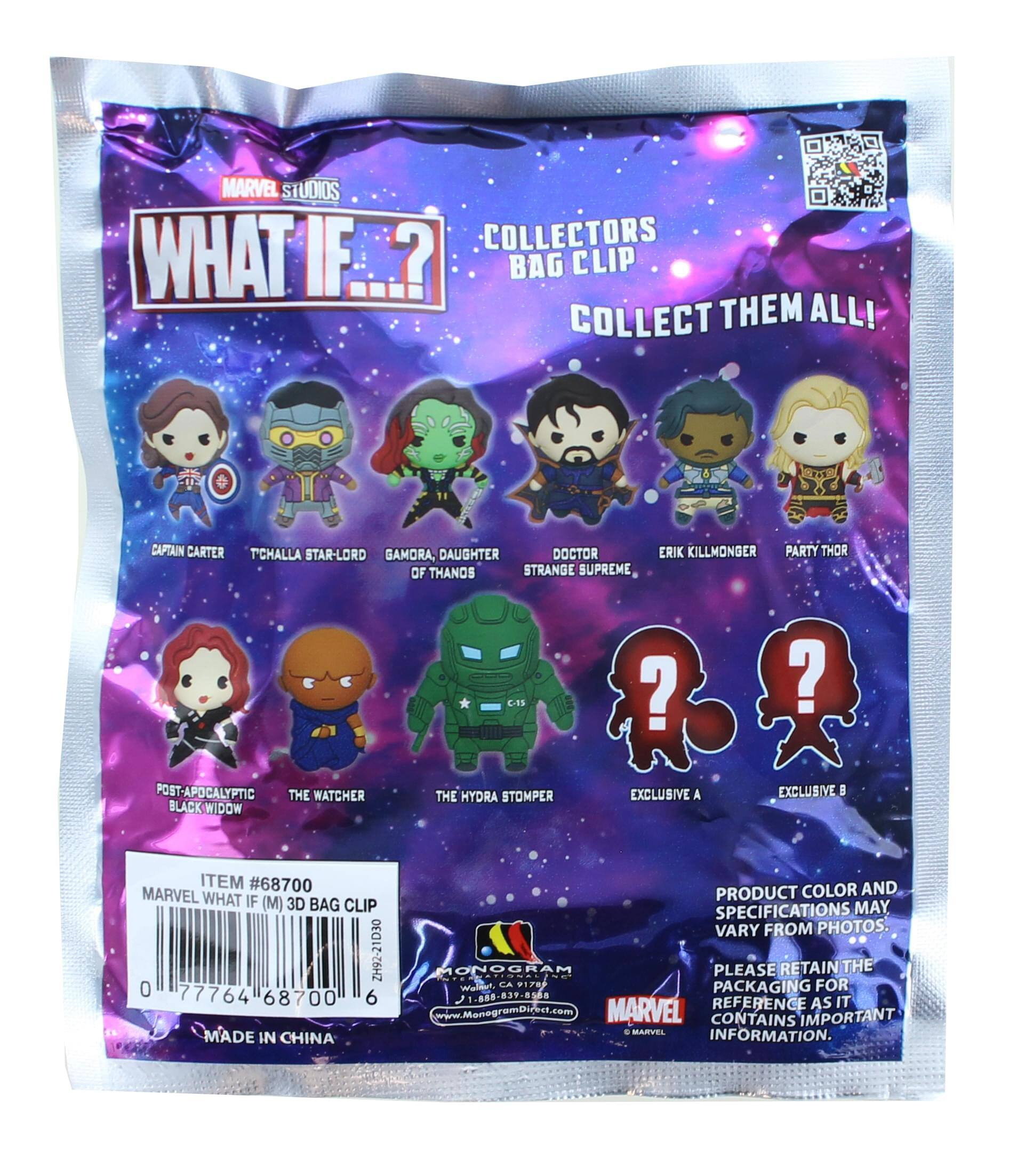 MARVEL STUDIOS COLLECTORS WHAT IF...? BAG CLIP COLLECT THEM ALL! CAPTAIN CARTER T'CHALLA STAR-LORD GAMORA, DAUGHTER OF THANOS STRANGE SUPREME ERIK KILLMONGER PARTY THOR C-15 POST-APOCALYPTIC BLACK WIDOW THE WATCHER THE HYDRA STOMPER EXCLUSIVE A EXCLUSIVE B ITEM #68700 MARVEL WHAT IF (M) 3D BAG CLIP ZH92-21D30 0 77764 6 68700 MADE IN CHINA PRODUCT COLOR AND SPECIFICATIONS MAY VARY FROM PHOTOS. PLEASE RETAIN THE PACKAGING FOR REFERENCE AS IT CONTAINS IMPORTANT INFORMATION.