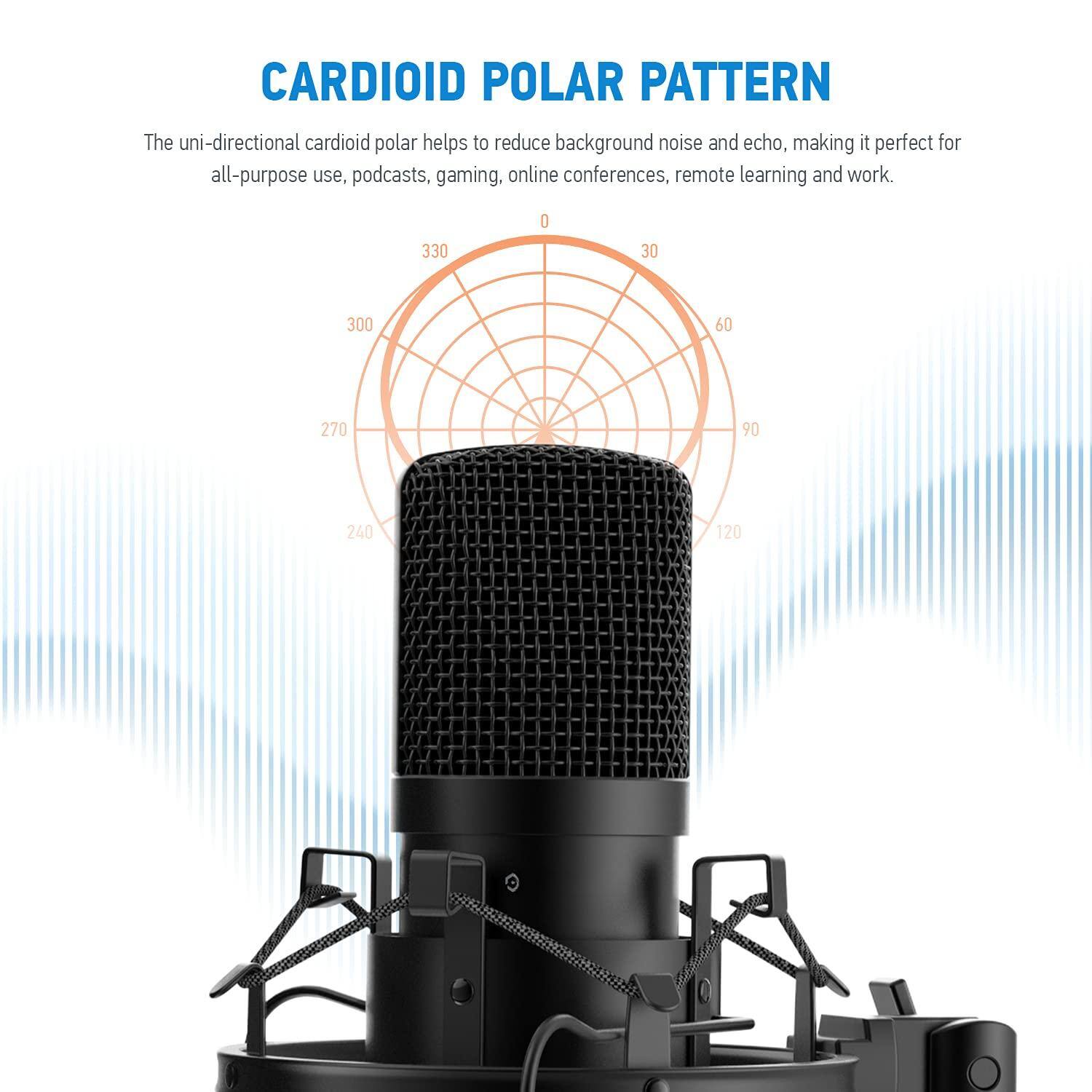 CARDIOID POLAR PATTERN

The uni-directional cardioid polar helps to reduce background noise and echo, making it perfect for all-purpose use, podcasts, gaming, online conferences, remote learning and work.
