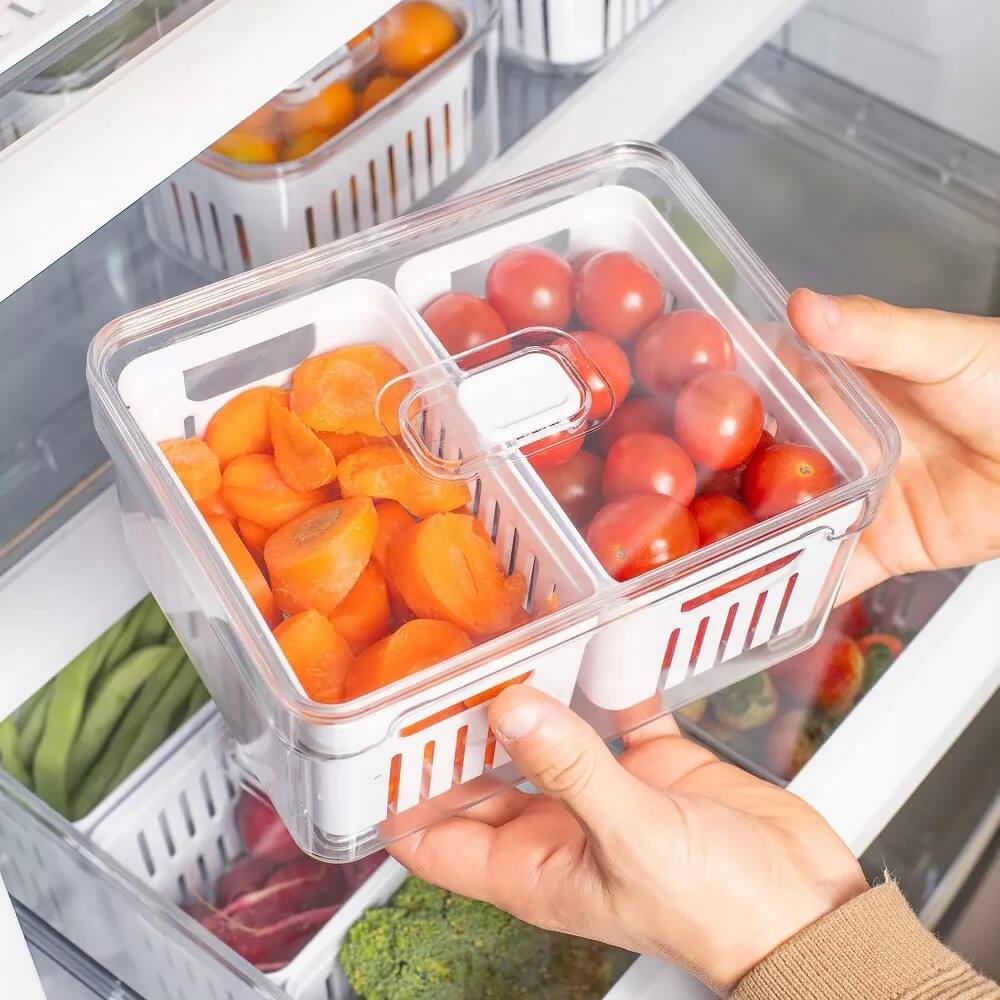 Angle. OU - OU Fridge Organizer Bins with Drain Baskets & Vented Lids, Clear Stackable Refrigerator Container - Clear.