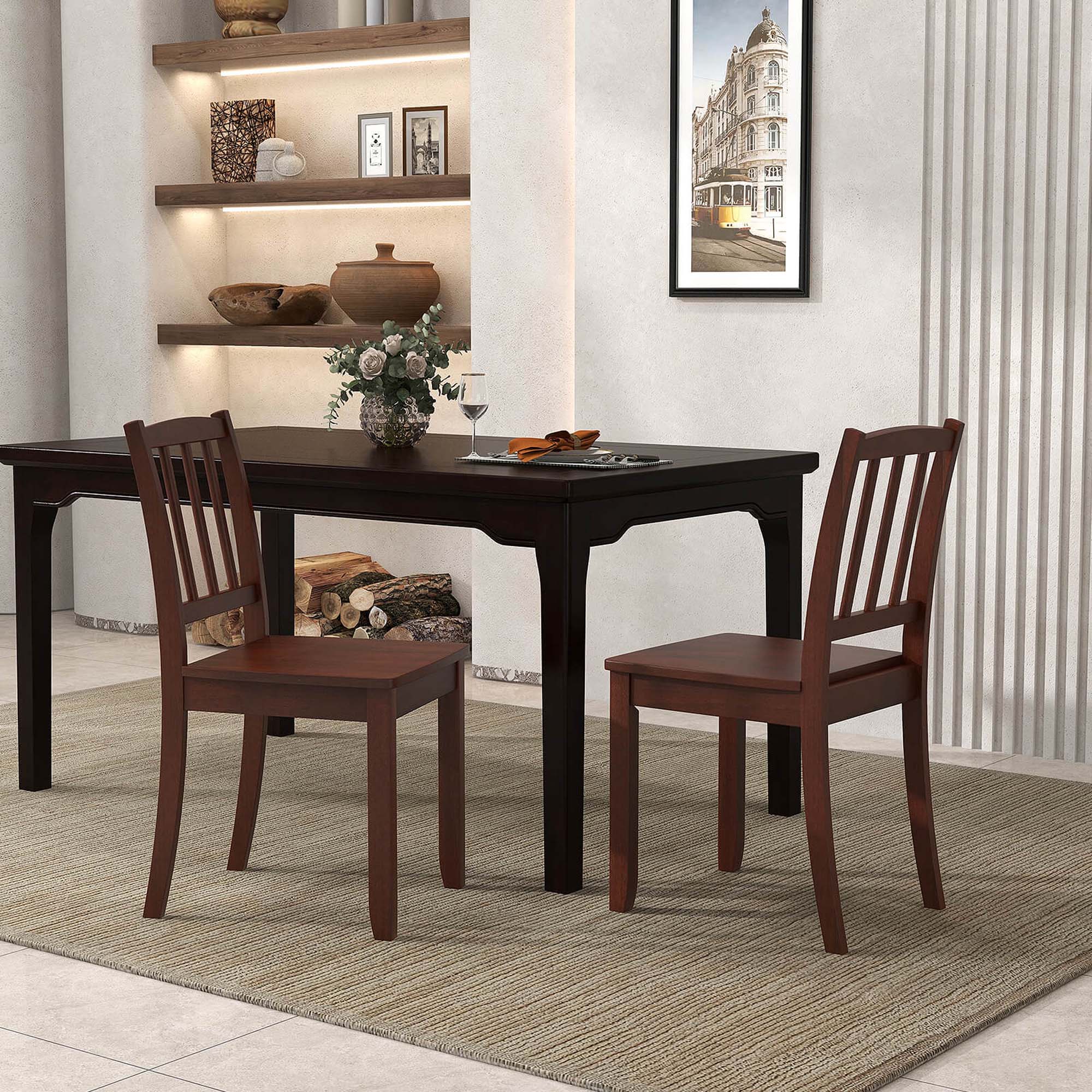 Back. Costway - Wood Dining Chair Set of 2 with Rubber Wood Legs Curved Backrest for Kitchen - Brown.