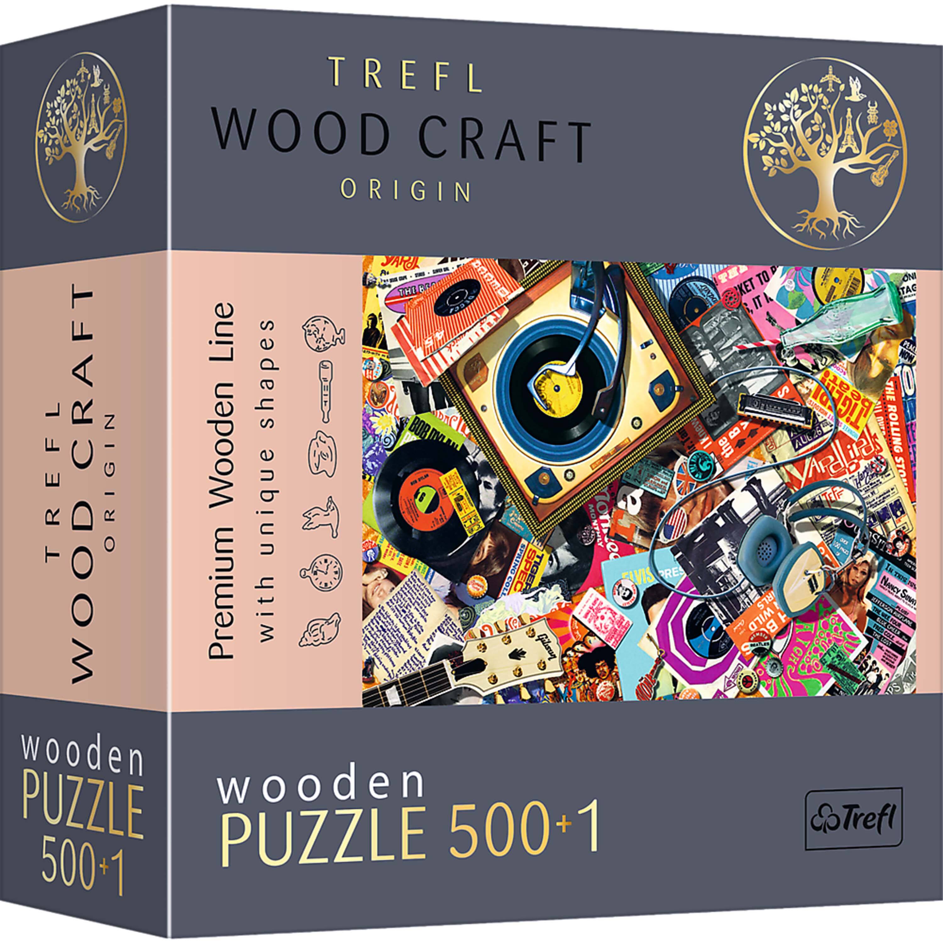 TREFL WOOD CRAFT ORIGIN  
Premium unique SPEC Wooden Line Wooden shapes  
wooden PUZZLE 500+1  
THE KET TAG ON IT POLICE am THE SM Vralnels AUG26 ROLLING STON RLS WILD Trefl