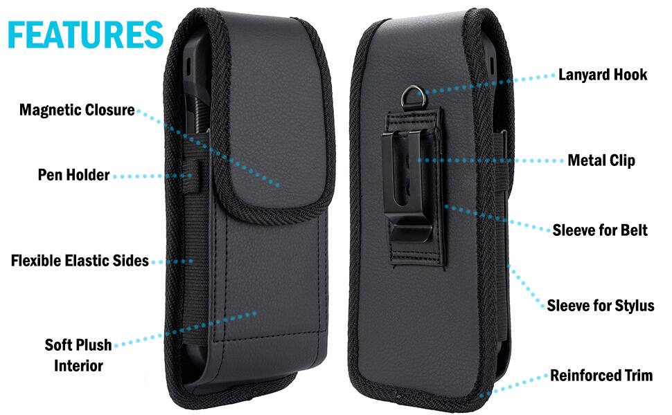 FEATURES  
- Lanyard Hook  
- Magnetic Closure  
- Pen Holder  
- Metal Clip  
- Flexible Elastic Sides  
- Soft Plush Interior  
- Sleeve for Belt  
- Sleeve for Stylus  
- Reinforced Trim