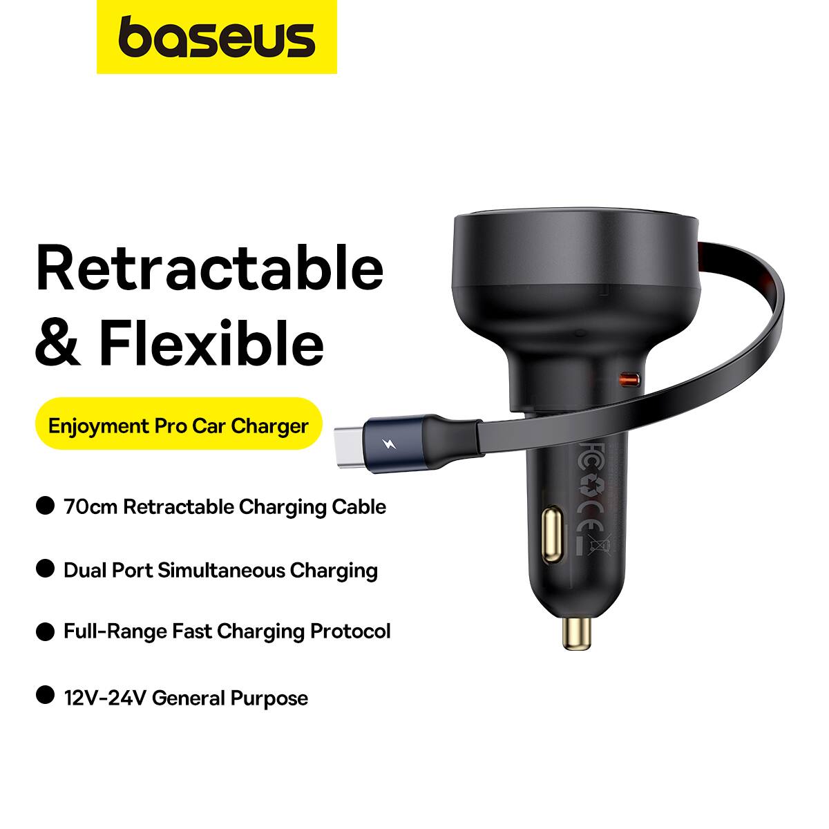 Baseus Retractable & Flexible Enjoyment Pro Car Charger 70cm Retractable Charging Cable Dual Port Simultaneous Charging COE Full-Range Fast Charging Protocol 12V-24V General Purpose