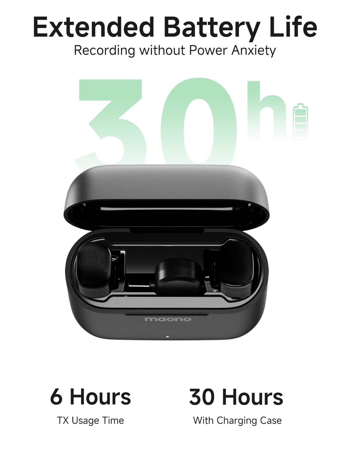 Extended Battery Life  
Recording without Power Anxiety  

30h  

6 Hours  
TX Usage Time  

30 Hours  
With Charging Case